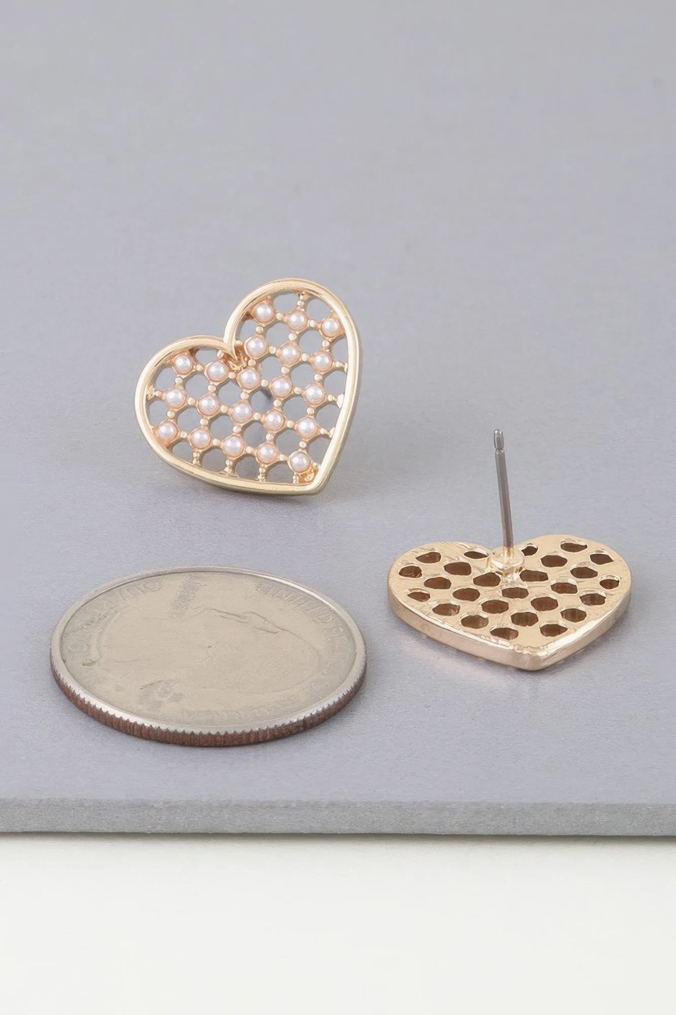 Pearl Quilt Heart Stud Earrings