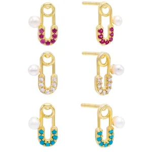 Pearl Safety Pin Stud Earring Set