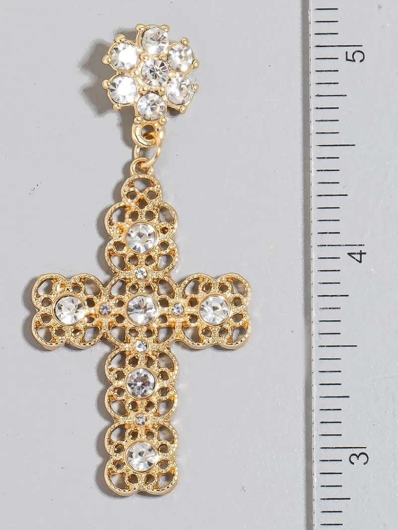 Pearl Stud Ornate Cross Dangle Earrings I