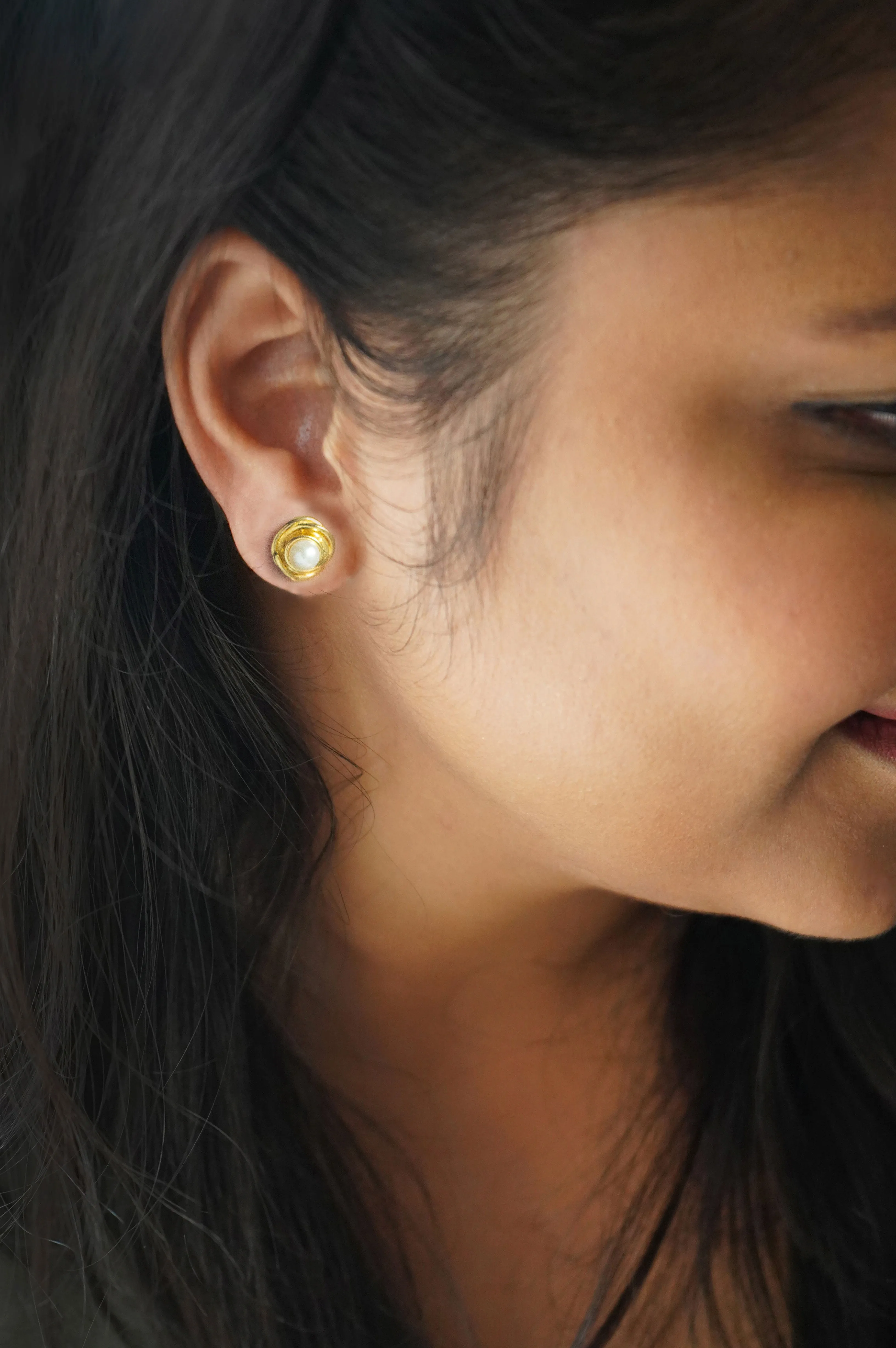 Pearl With A Flower Gold Plated Sterling Silver Statement Stud Earrings