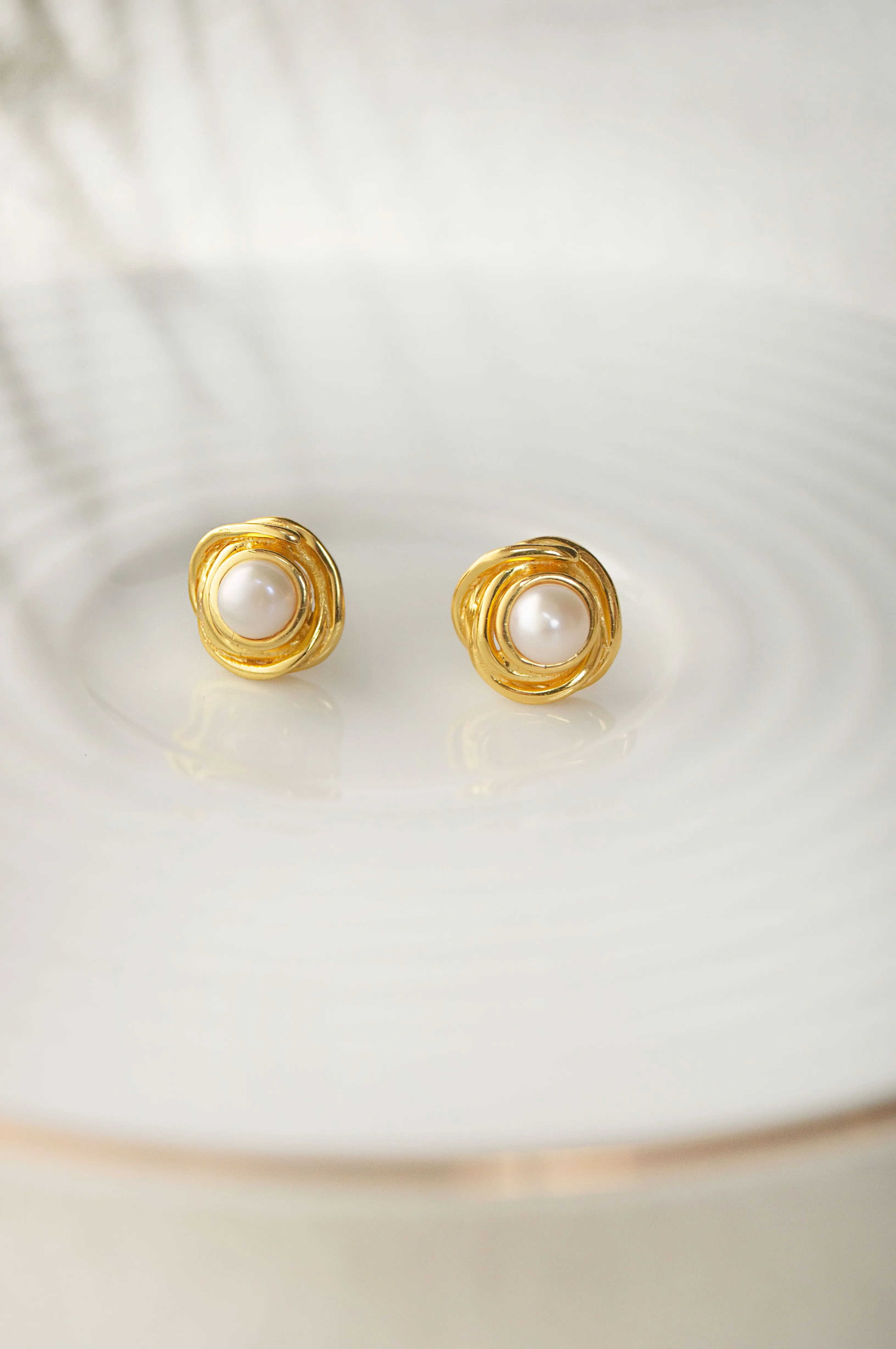 Pearl With A Flower Gold Plated Sterling Silver Statement Stud Earrings