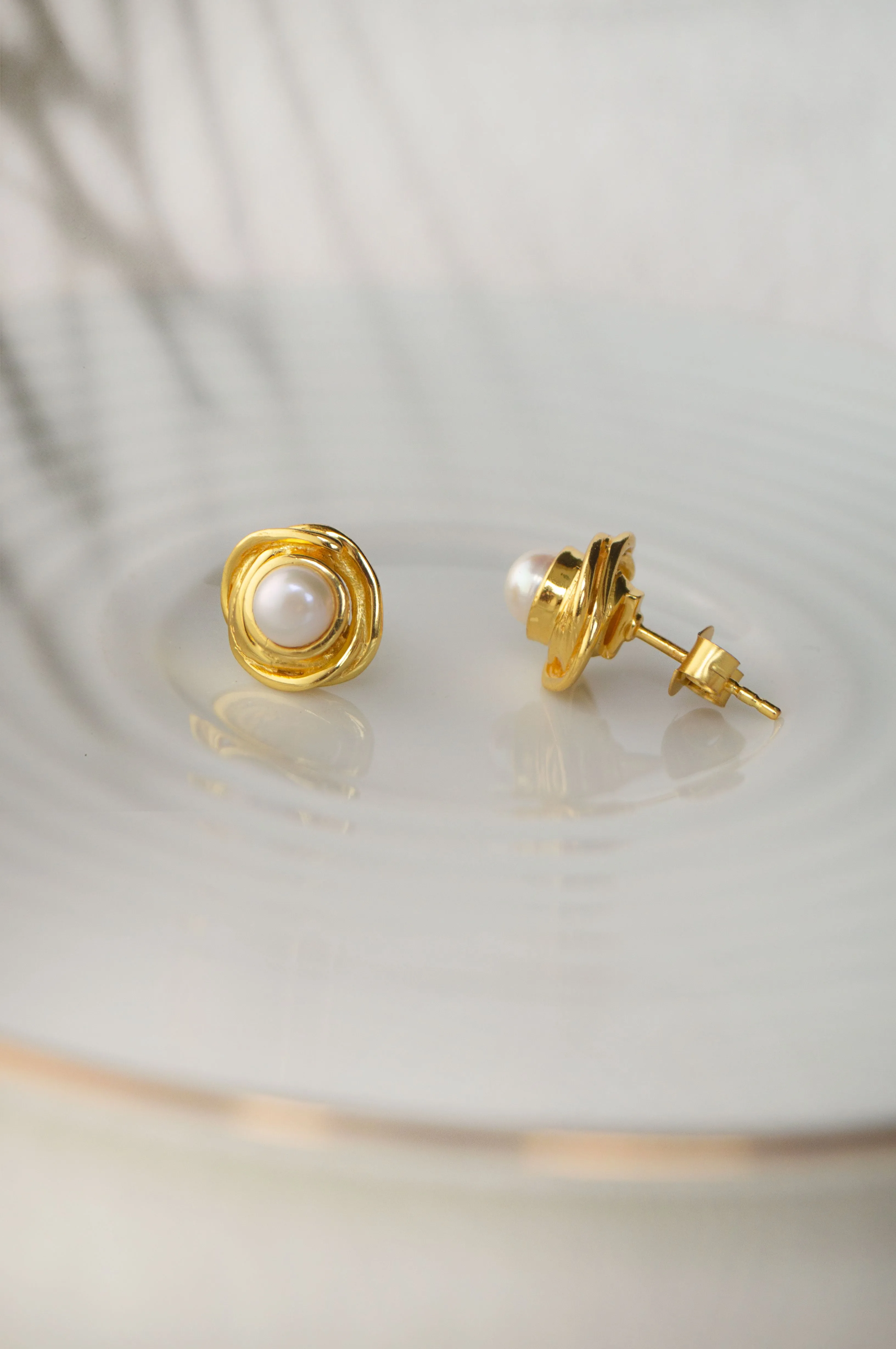 Pearl With A Flower Gold Plated Sterling Silver Statement Stud Earrings
