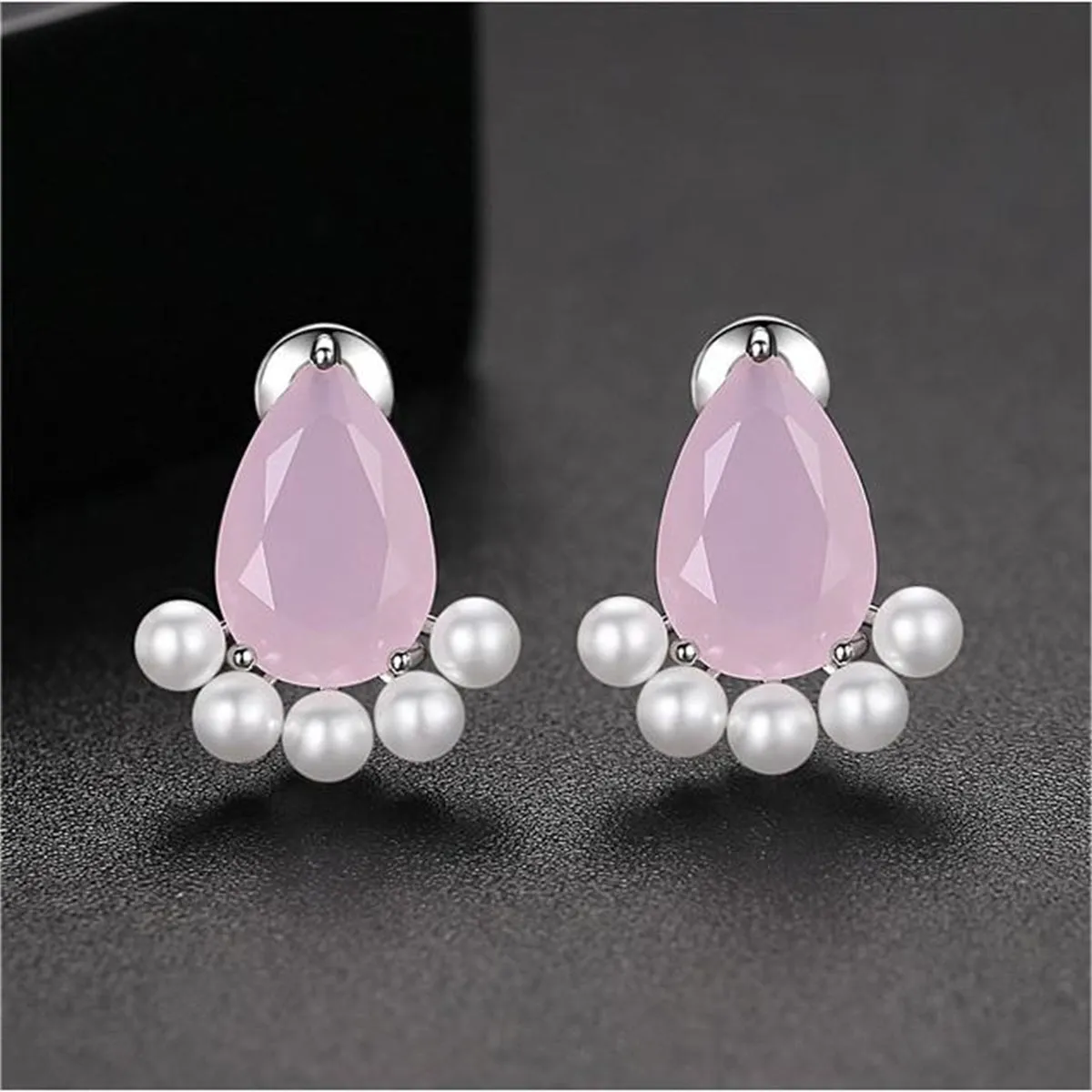 Pink Crystal & Pearl Silver-Plated Teardrop Stud Earrings