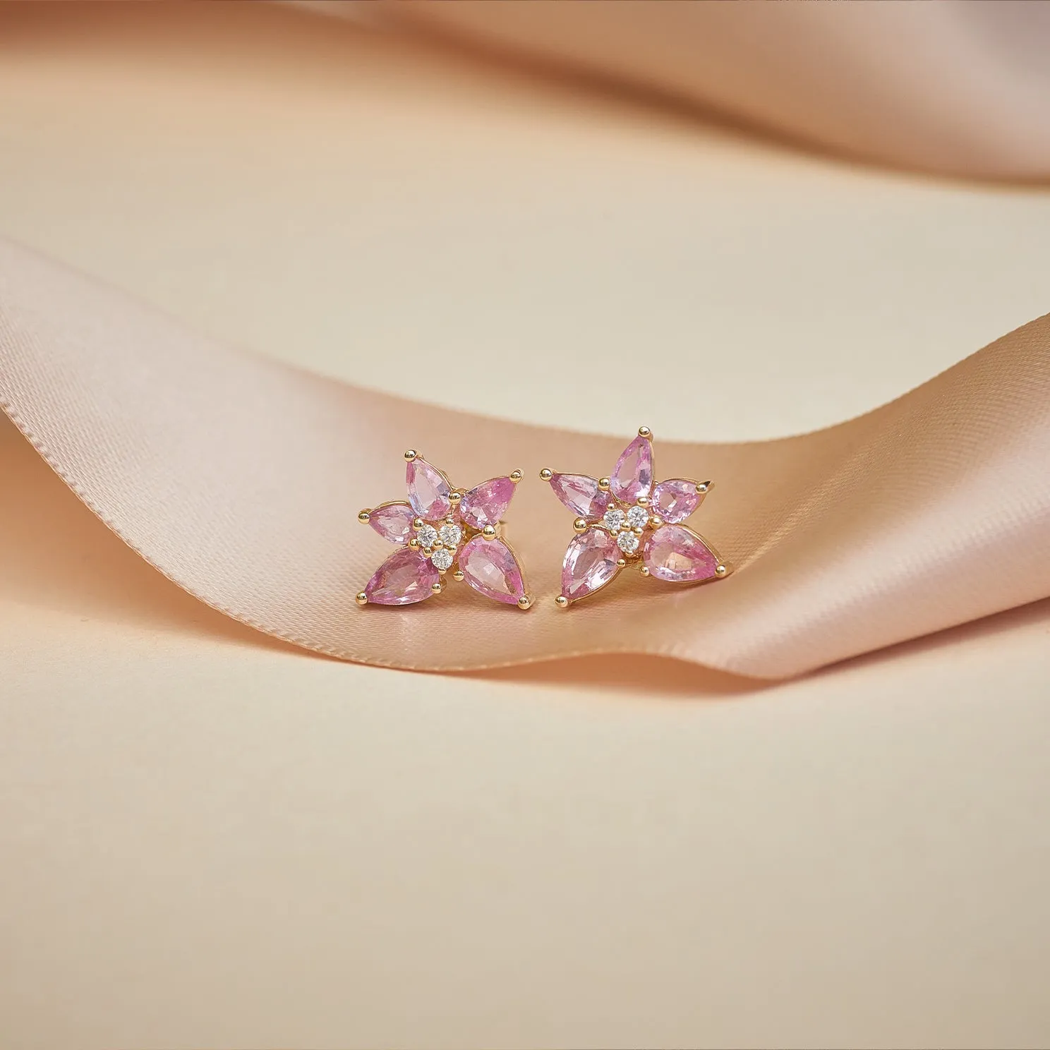 Pink Sapphire & Diamond Trio Cluster Stud Earrings