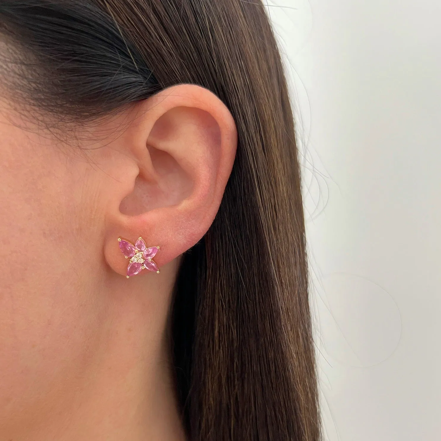 Pink Sapphire & Diamond Trio Cluster Stud Earrings