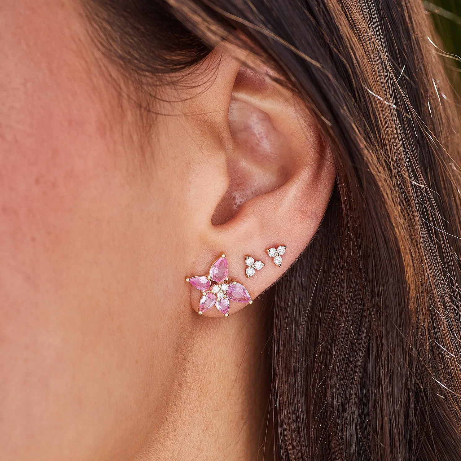 Pink Sapphire & Diamond Trio Cluster Stud Earrings