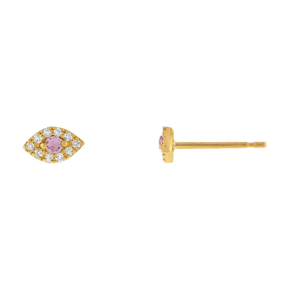 Pink Sapphire X Diamond Evil Eye Stud Earring 18K