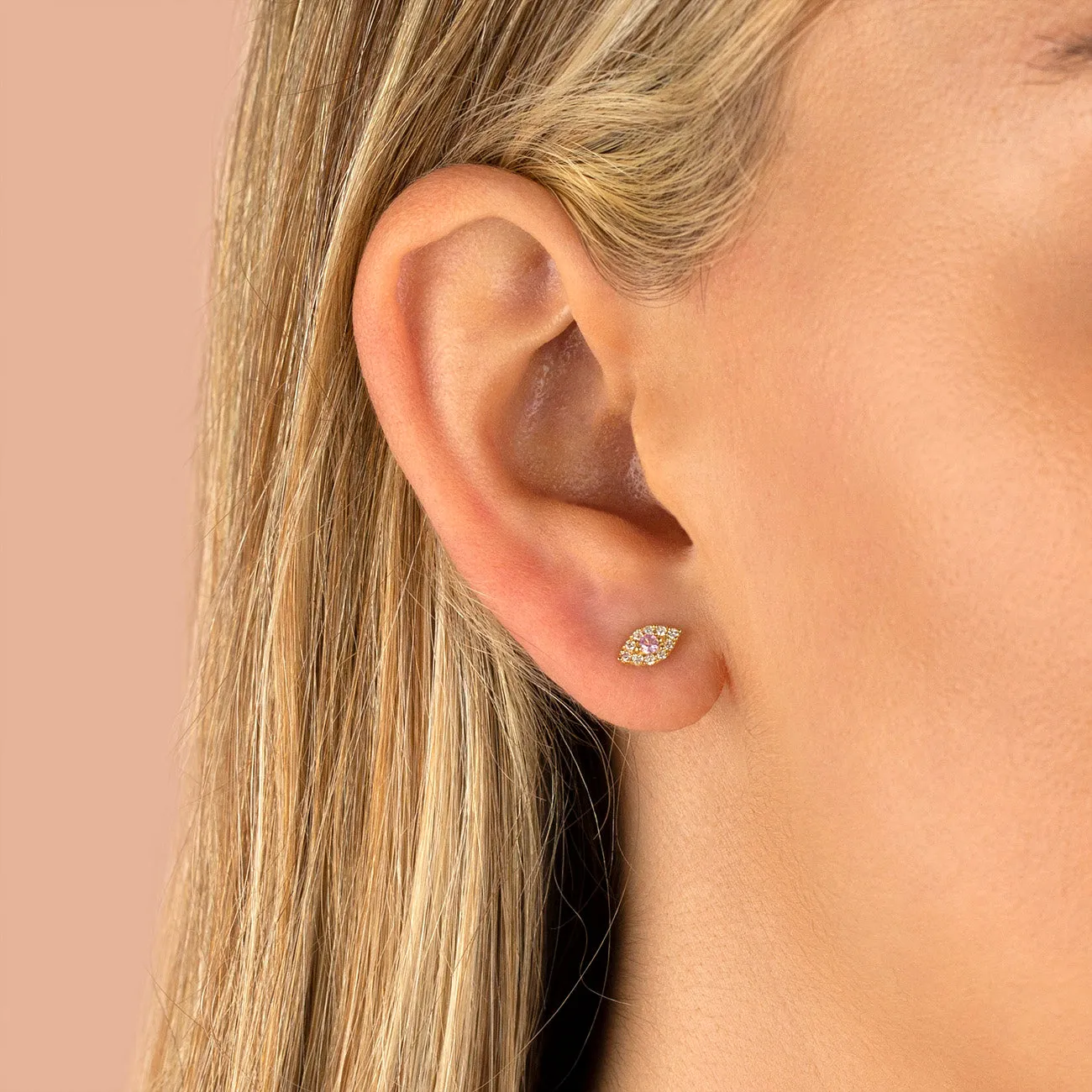 Pink Sapphire X Diamond Evil Eye Stud Earring 18K