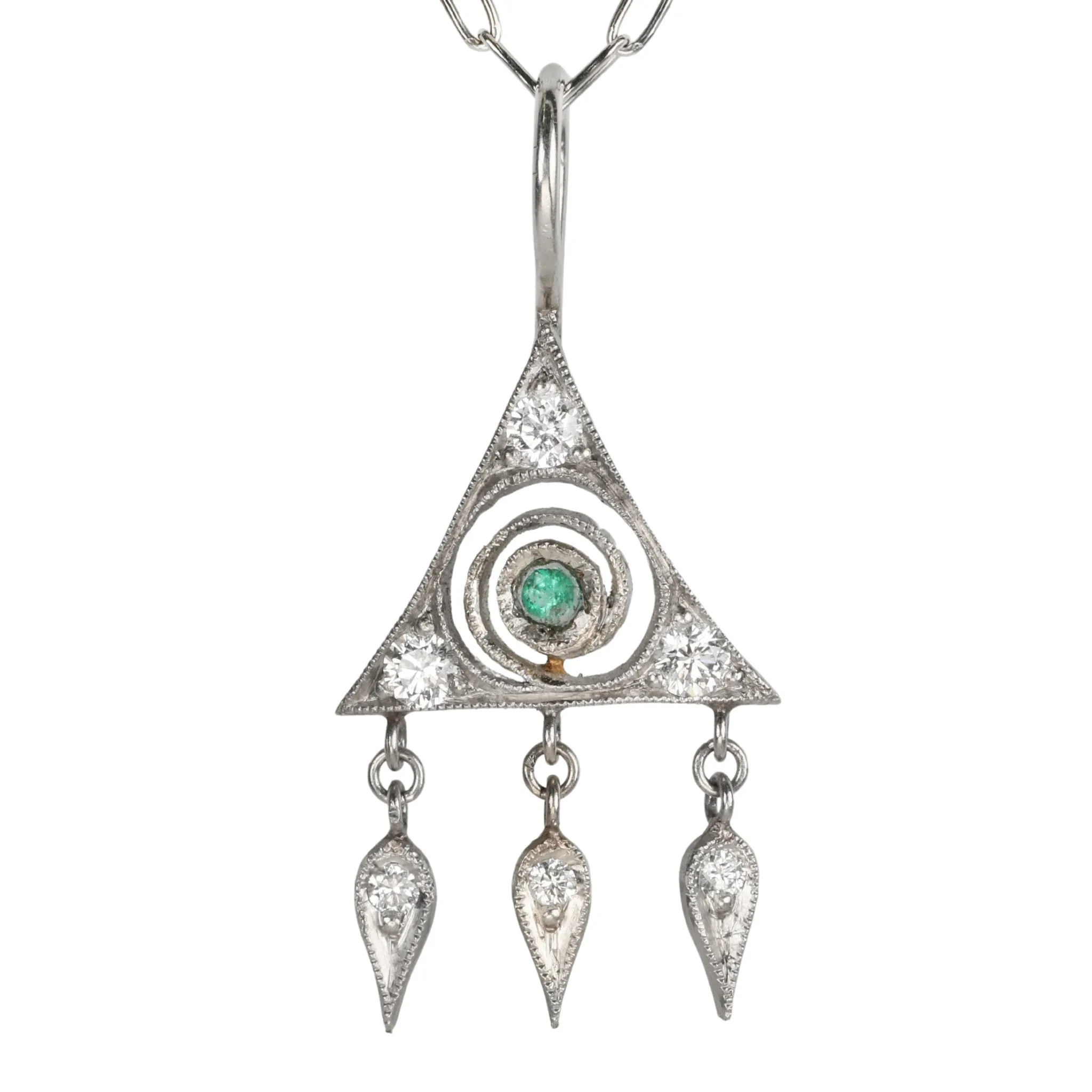 Platinum "Small Thorn Berry" Charm with Center Emerald and Diamond Details