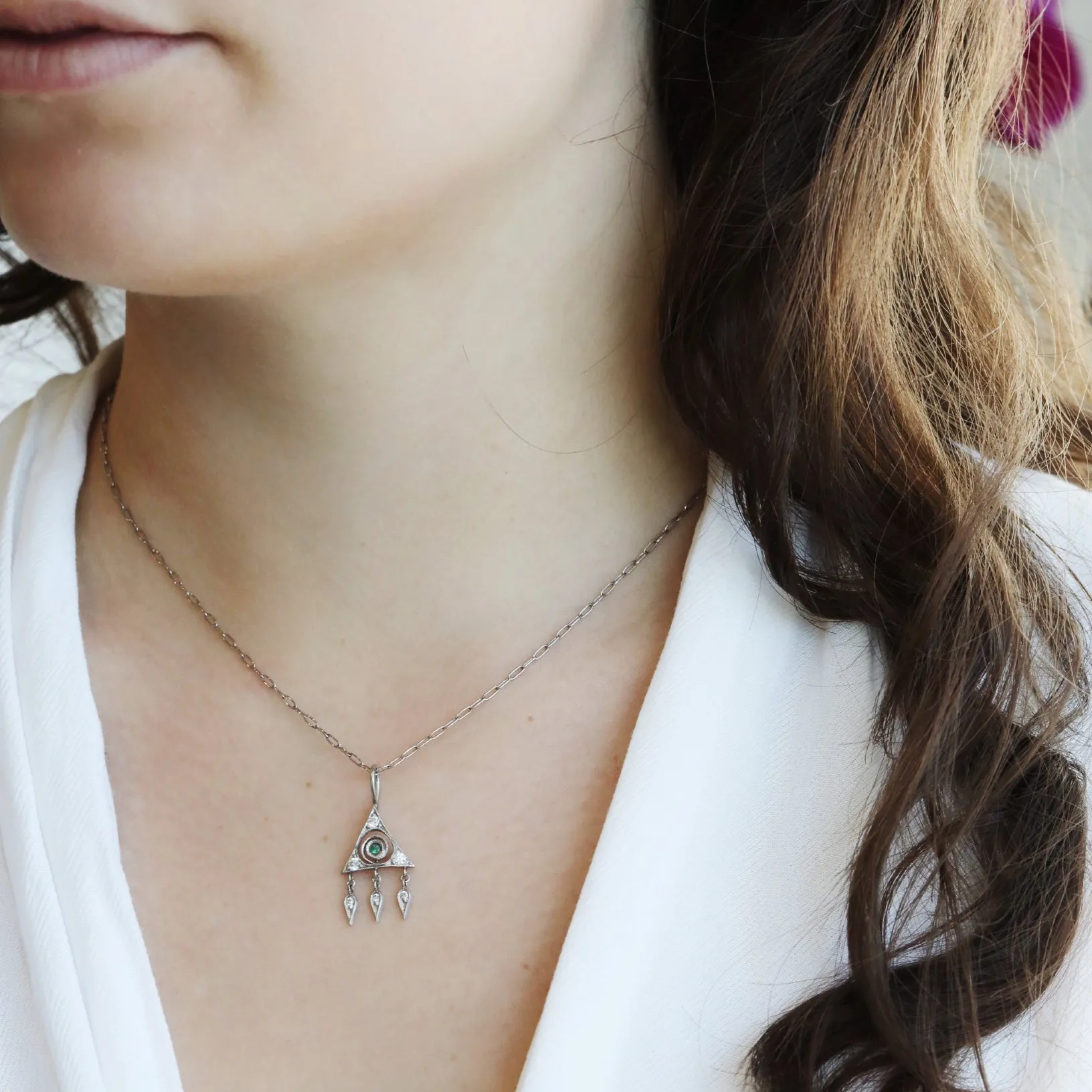 Platinum "Small Thorn Berry" Charm with Center Emerald and Diamond Details