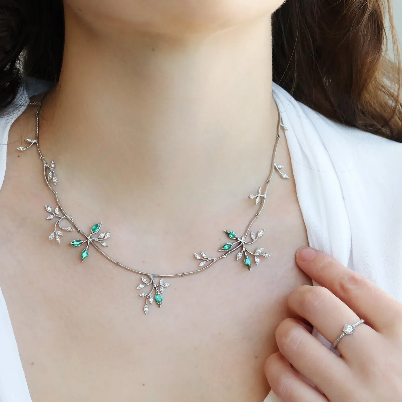 Platinum Segmented "Forest" Necklace With Marquise Emeralds & Diamonds