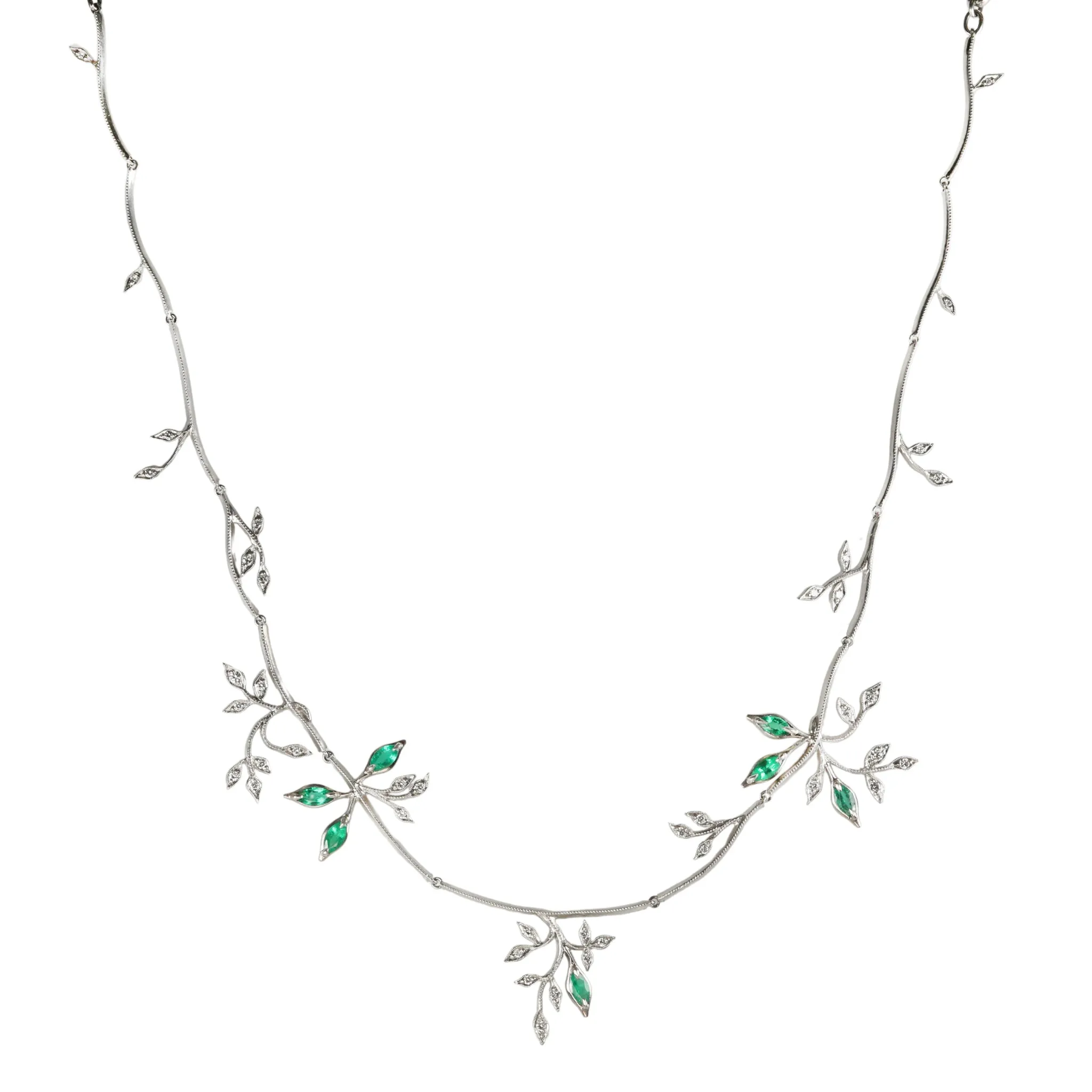 Platinum Segmented "Forest" Necklace With Marquise Emeralds & Diamonds