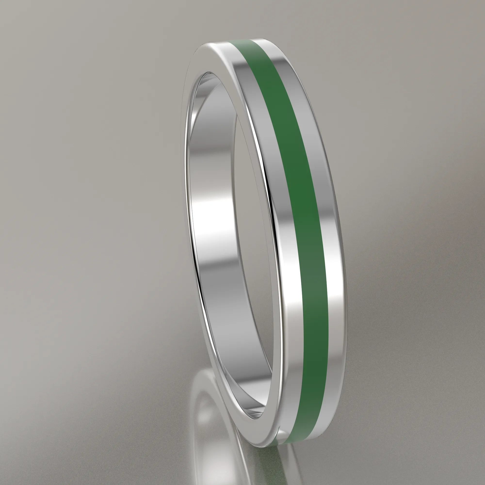 Polished White Gold 3mm Stacking Ring Transparent Green Resin