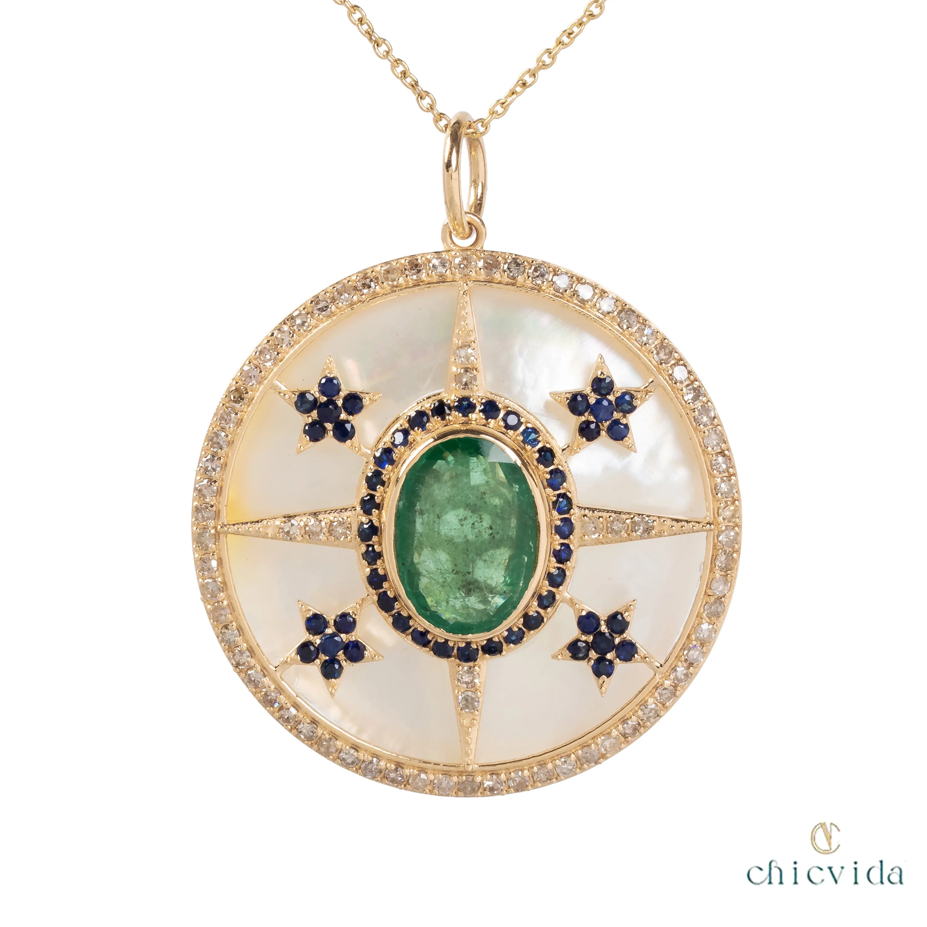 Posy MOP Pendant with Sapphire & Emerald