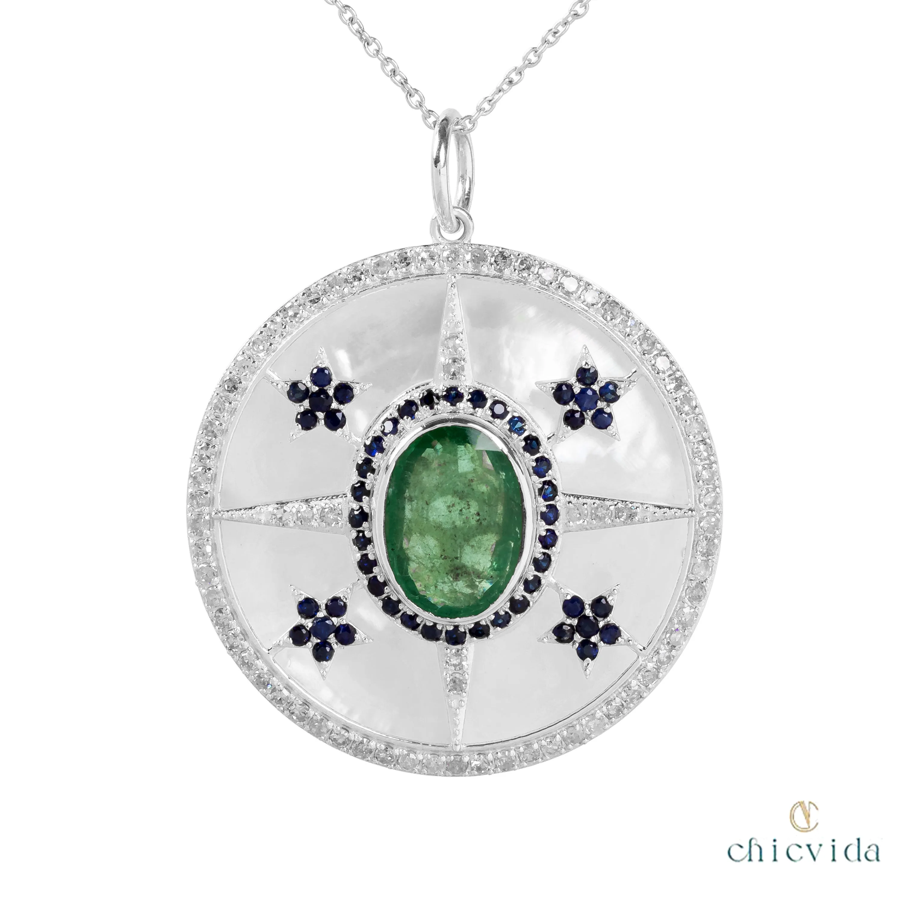 Posy MOP Pendant with Sapphire & Emerald