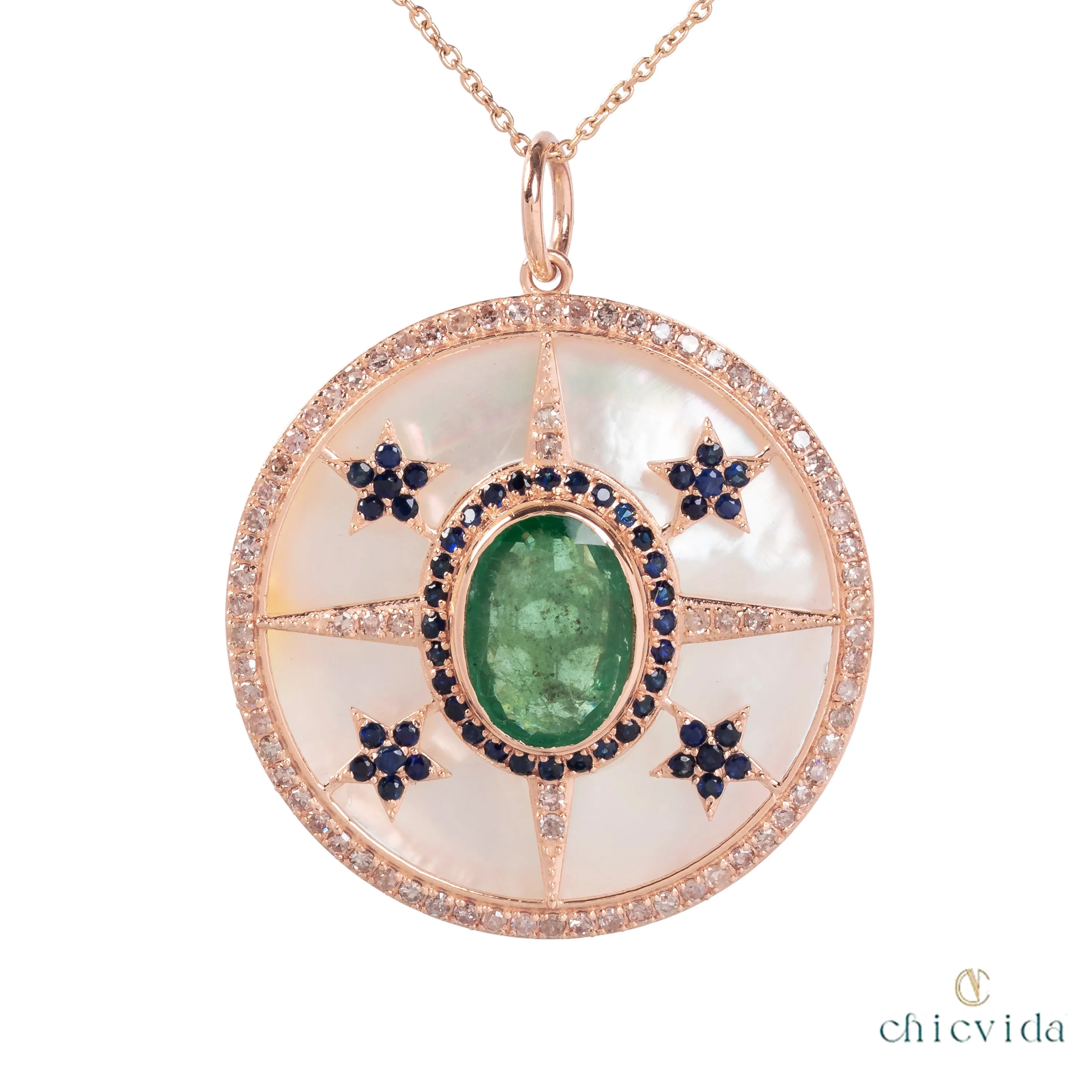 Posy MOP Pendant with Sapphire & Emerald