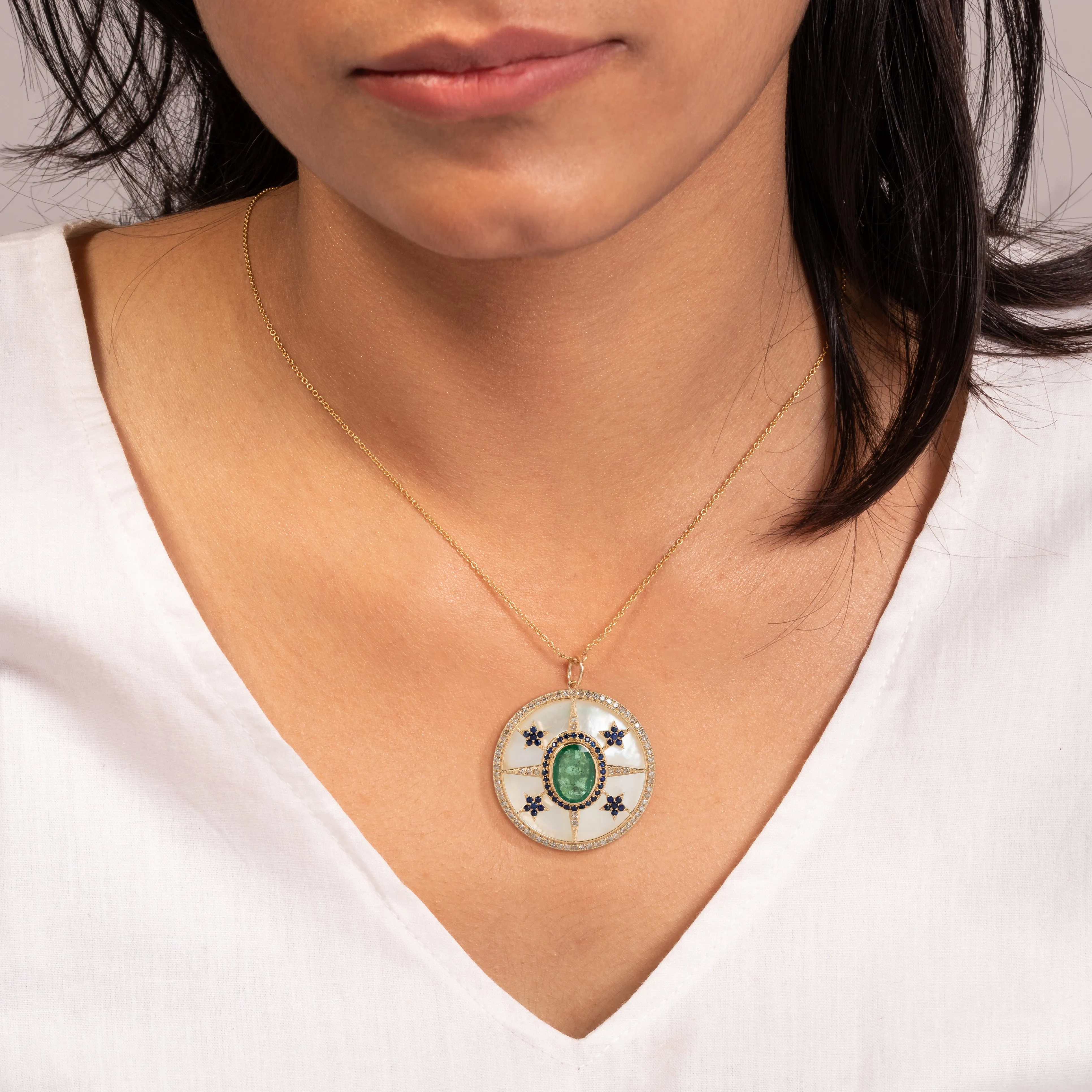 Posy MOP Pendant with Sapphire & Emerald