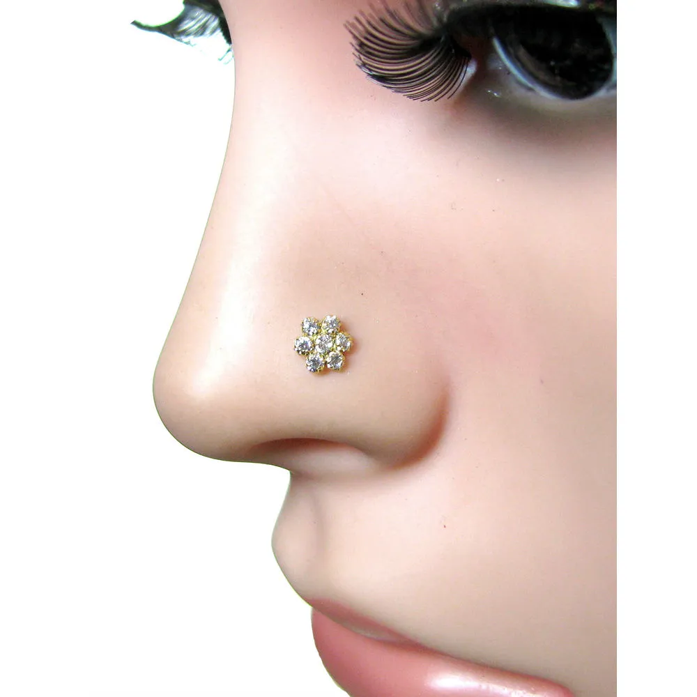 Precious White CZ Studded Body Piercing Nose Stud Pin Real 14k Yellow Gold