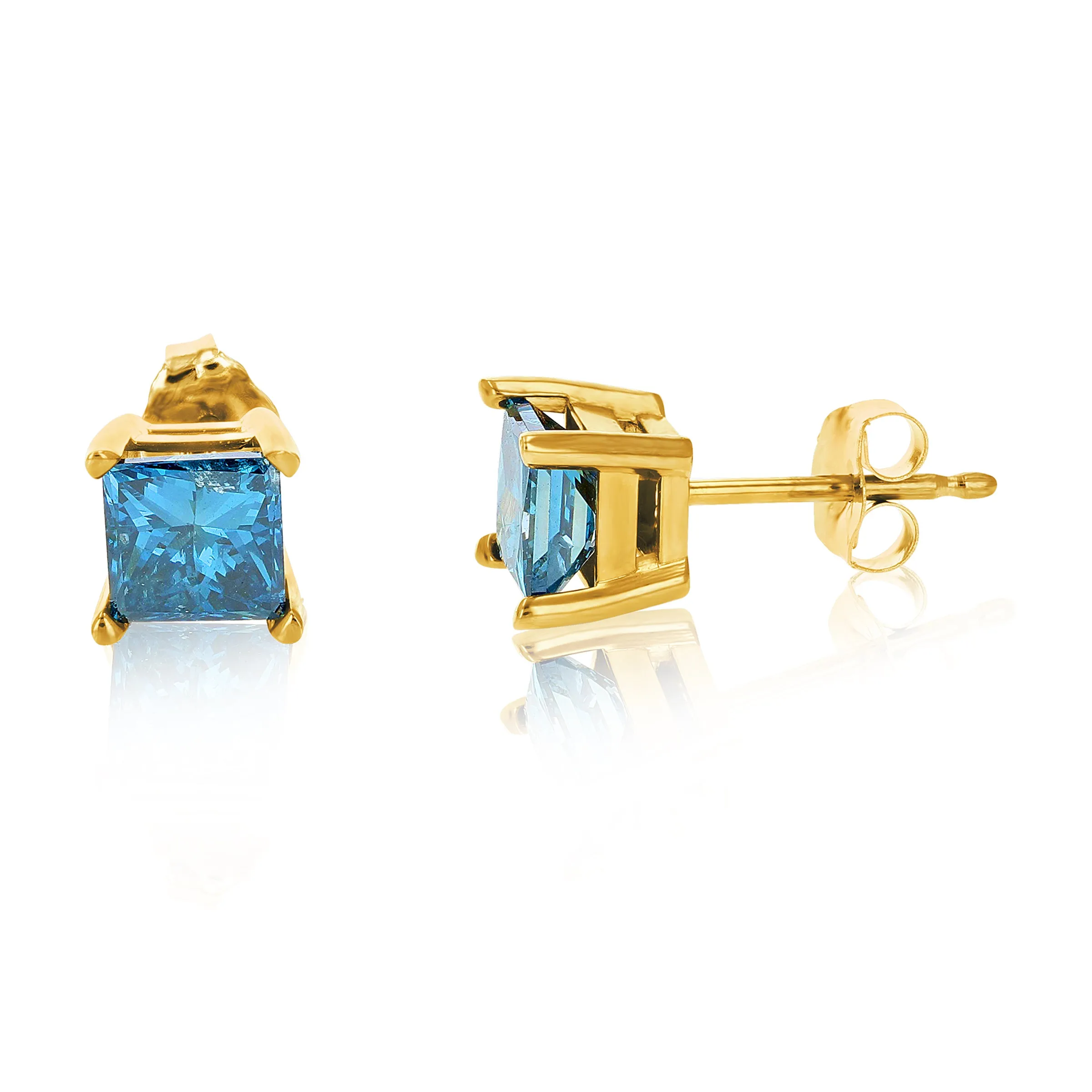 Princess Blue Diamond Stud Earrings in 14K Gold
