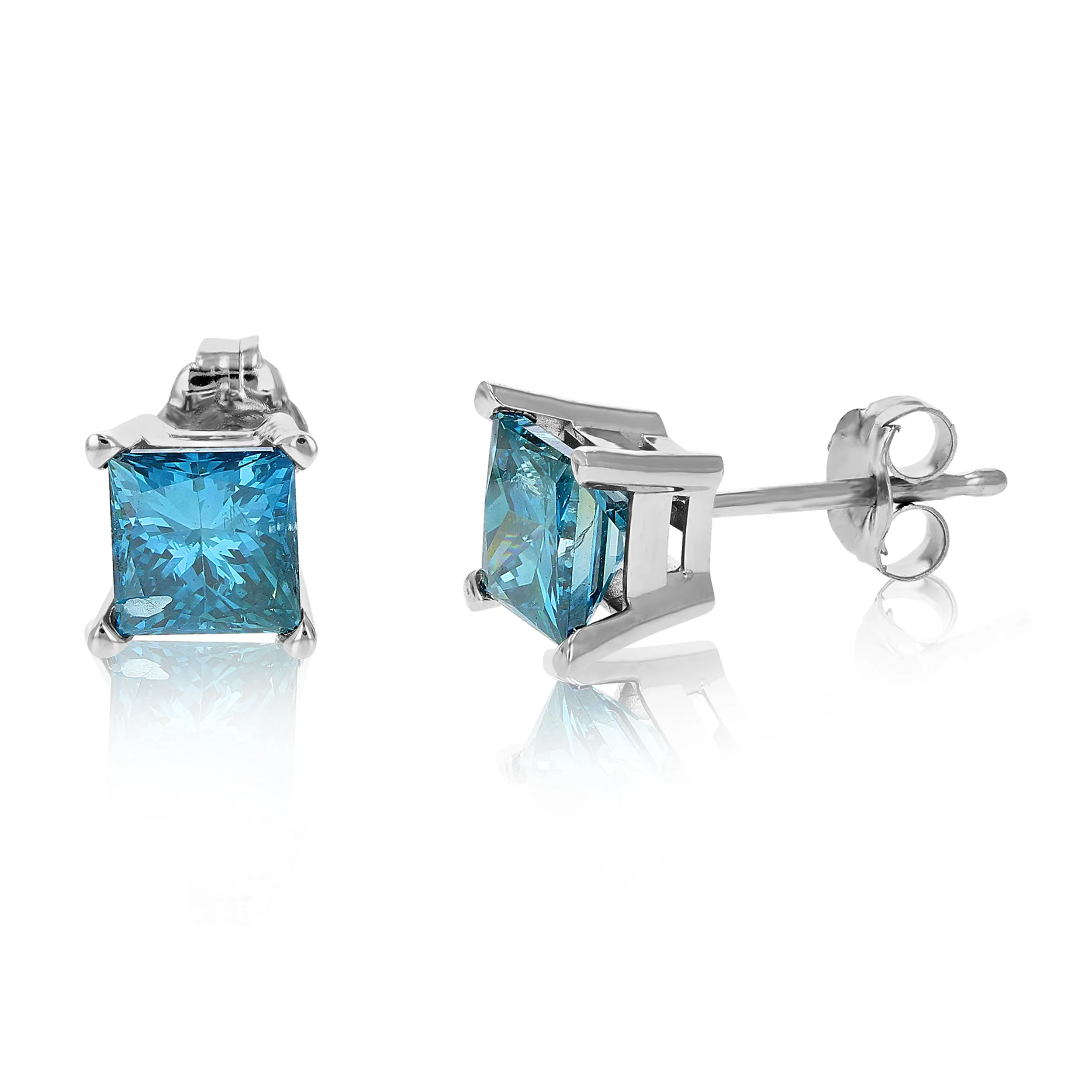 Princess Blue Diamond Stud Earrings in 14K Gold