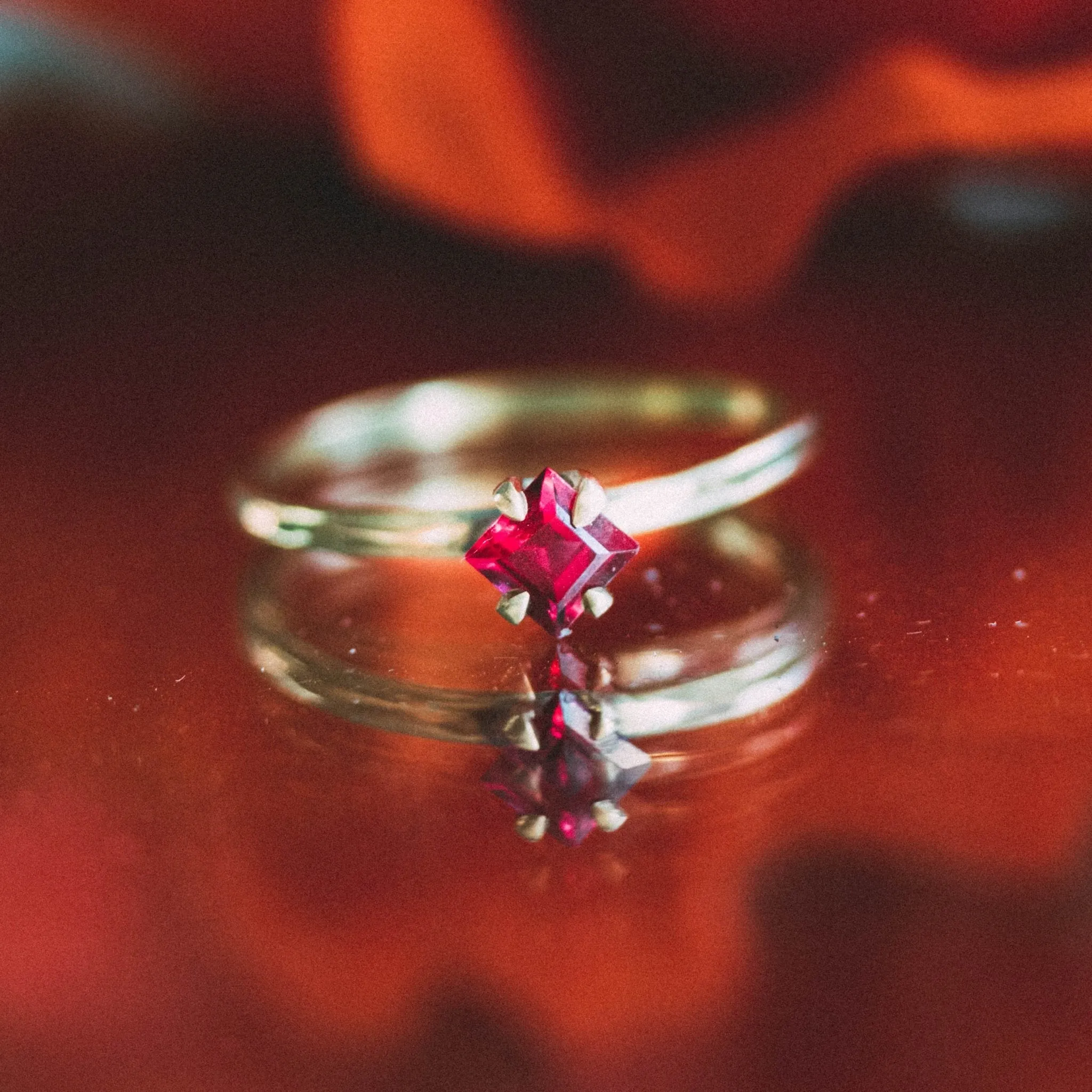 PRINCESS RUBY ENGAGEMENT RING, STELLO SETTING, 18K GOLD