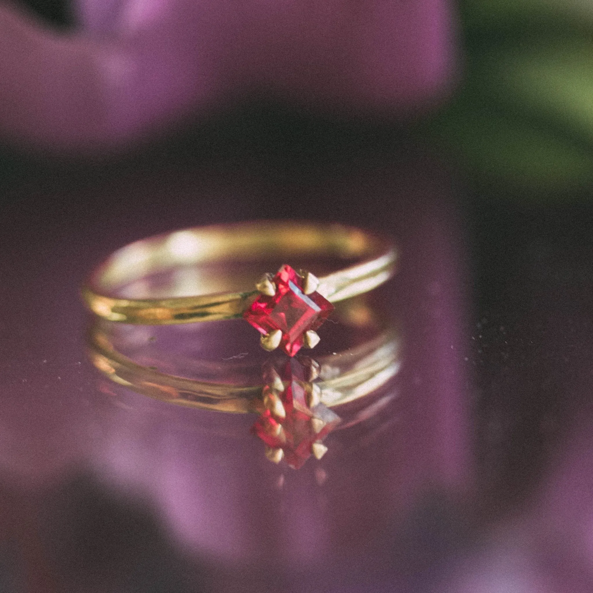 PRINCESS RUBY ENGAGEMENT RING, STELLO SETTING, 18K GOLD