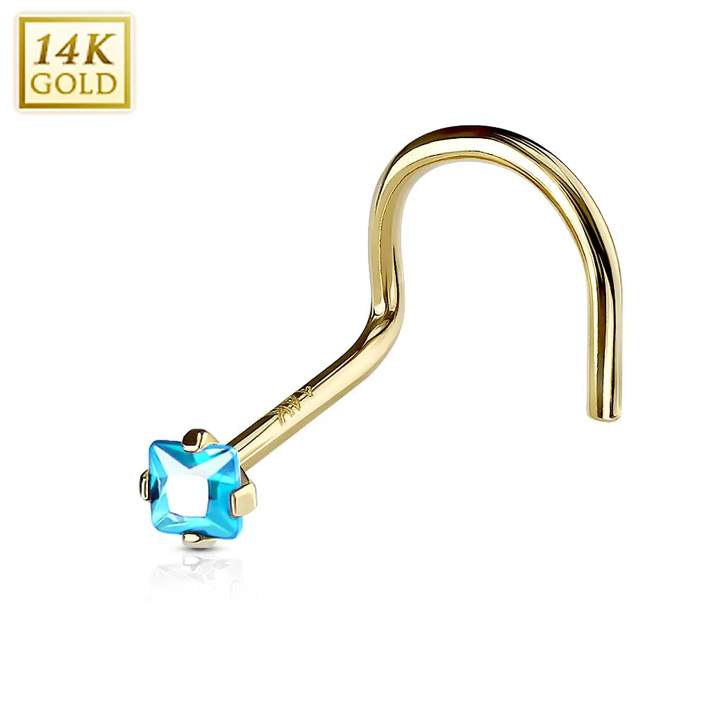 Prong Set Square CZ 14K Solid Gold Nose Screw Ring