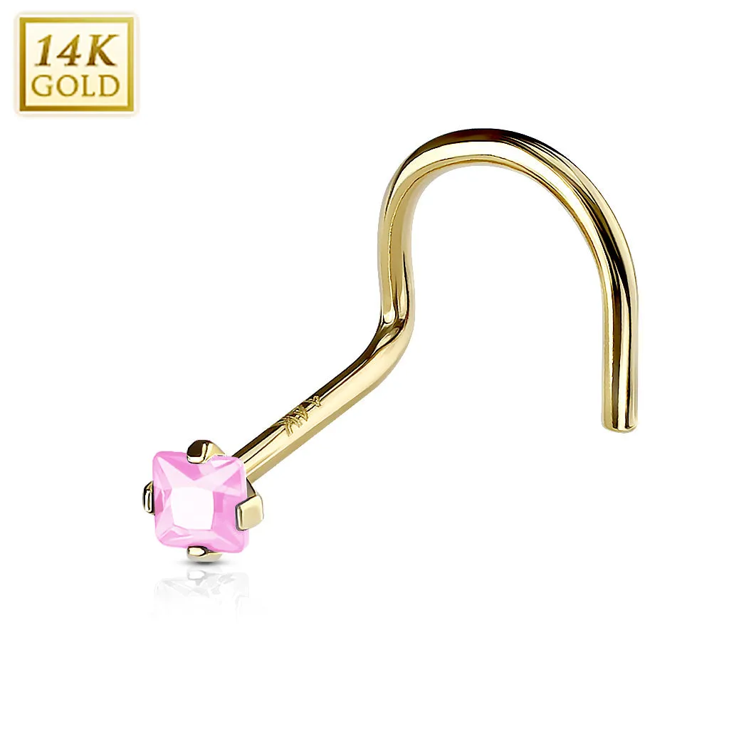 Prong Set Square CZ 14K Solid Gold Nose Screw Ring
