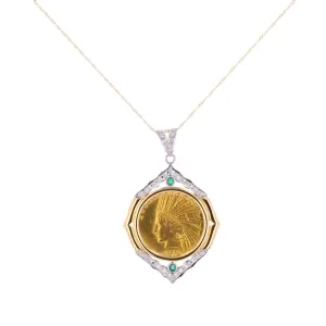 PT900/18K YG Diamond & Emerald 1912 Indian Head Coin Pendant