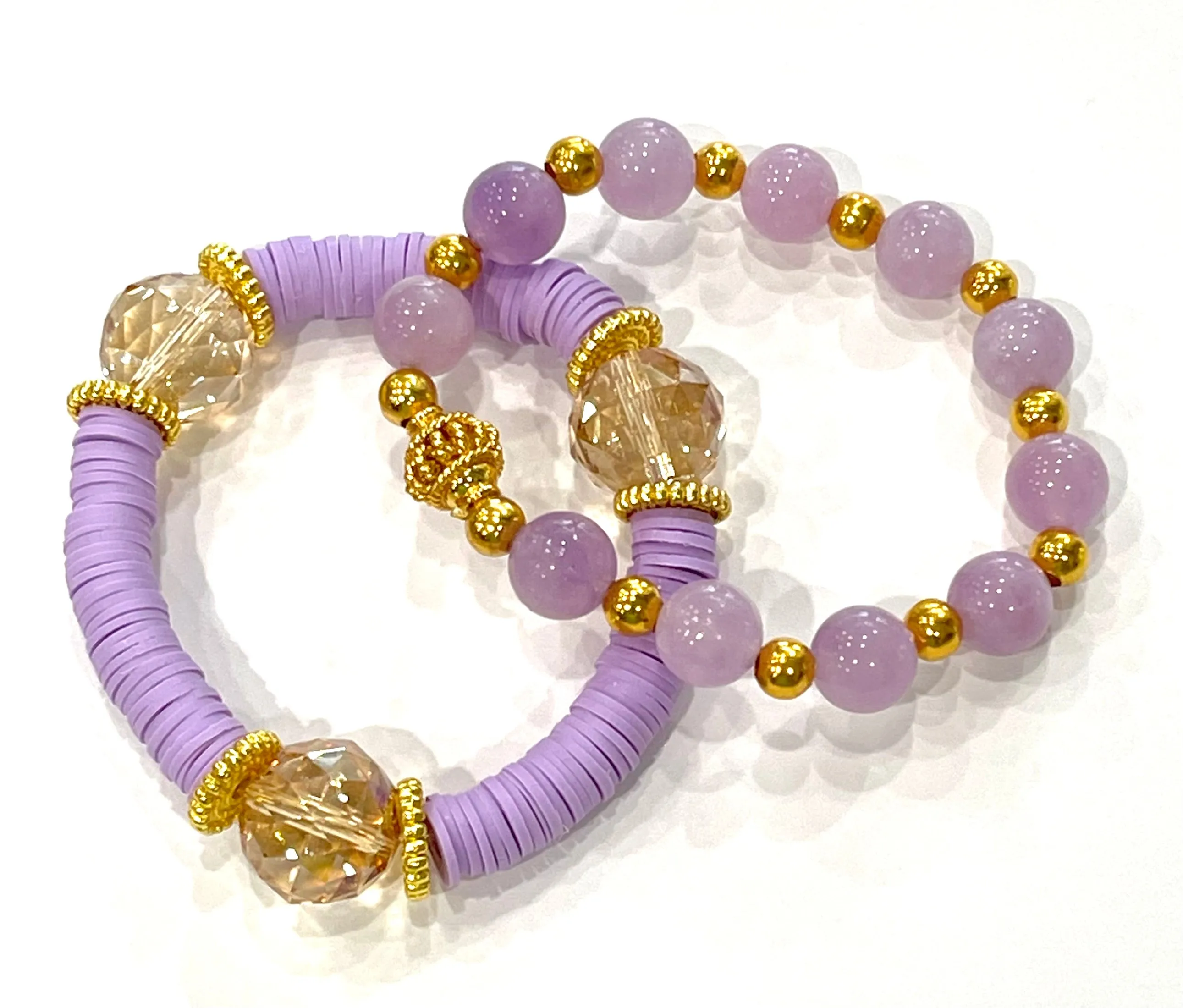 Purple Amethyst & Heishi Beaded Gold Stacking Bracelets