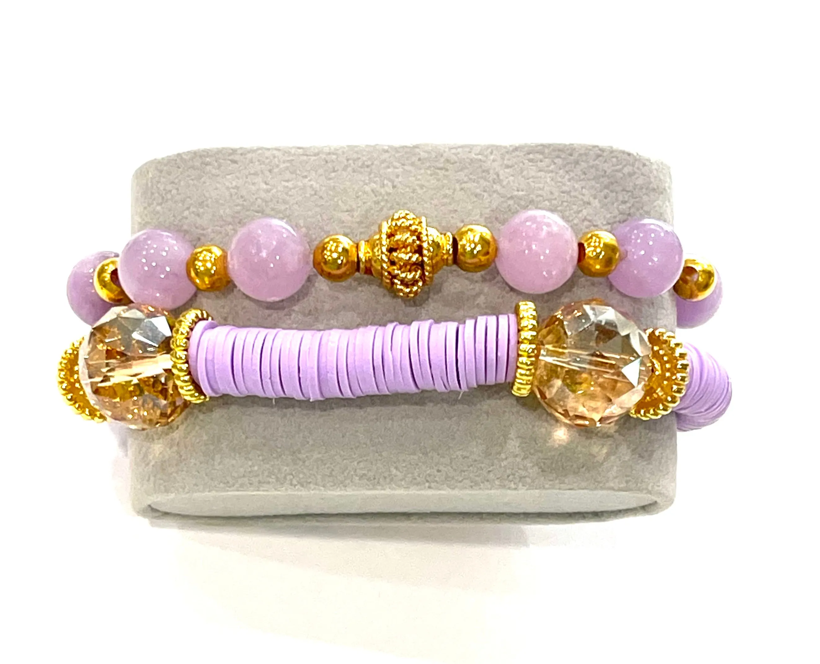 Purple Amethyst & Heishi Beaded Gold Stacking Bracelets