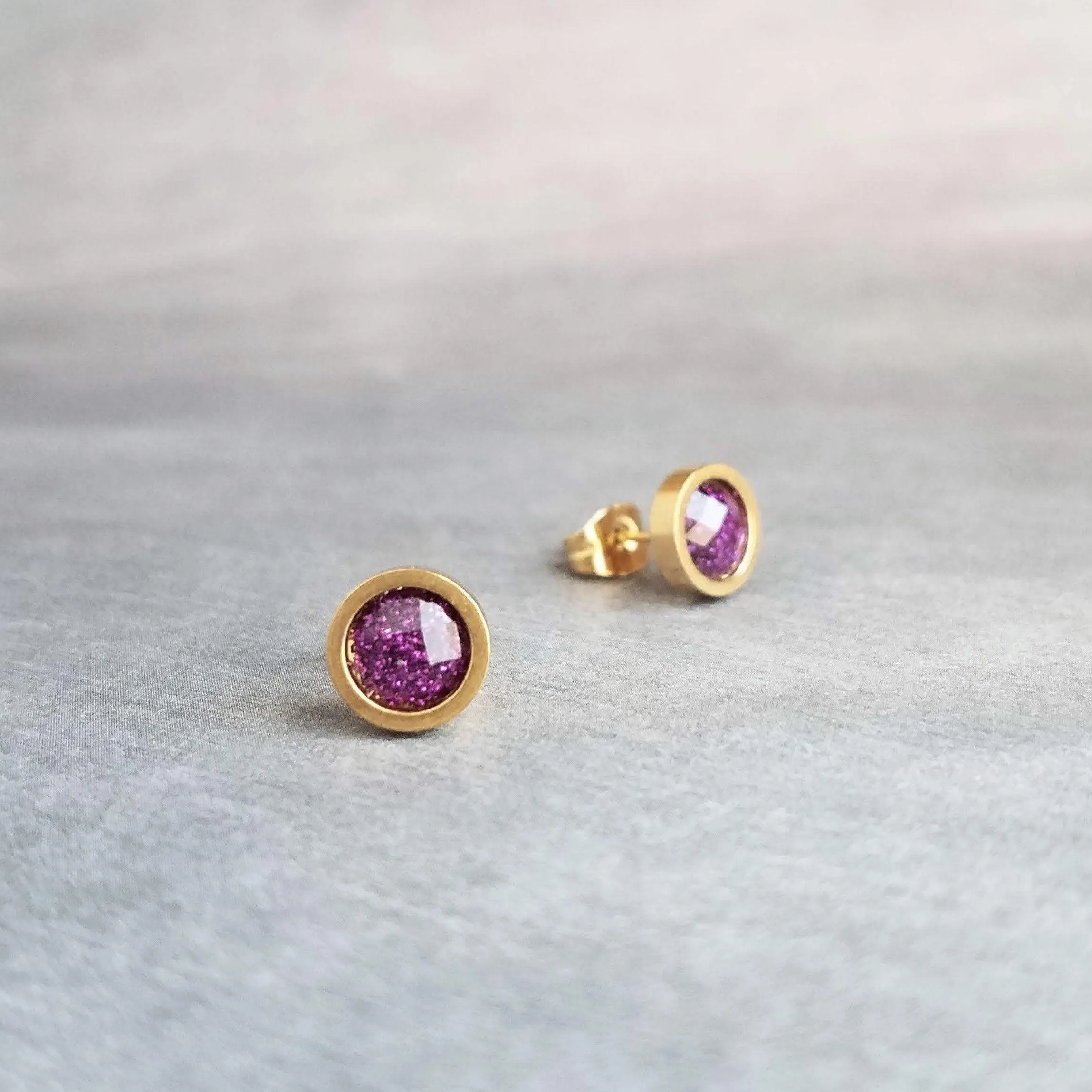 Purple Rose Gold Stud Earrings, purple fuchsia stud earring, purple earrings, little rose gold earring, purple stud, glitter stainless steel