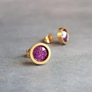 Purple Rose Gold Stud Earrings, purple fuchsia stud earring, purple earrings, little rose gold earring, purple stud, glitter stainless steel