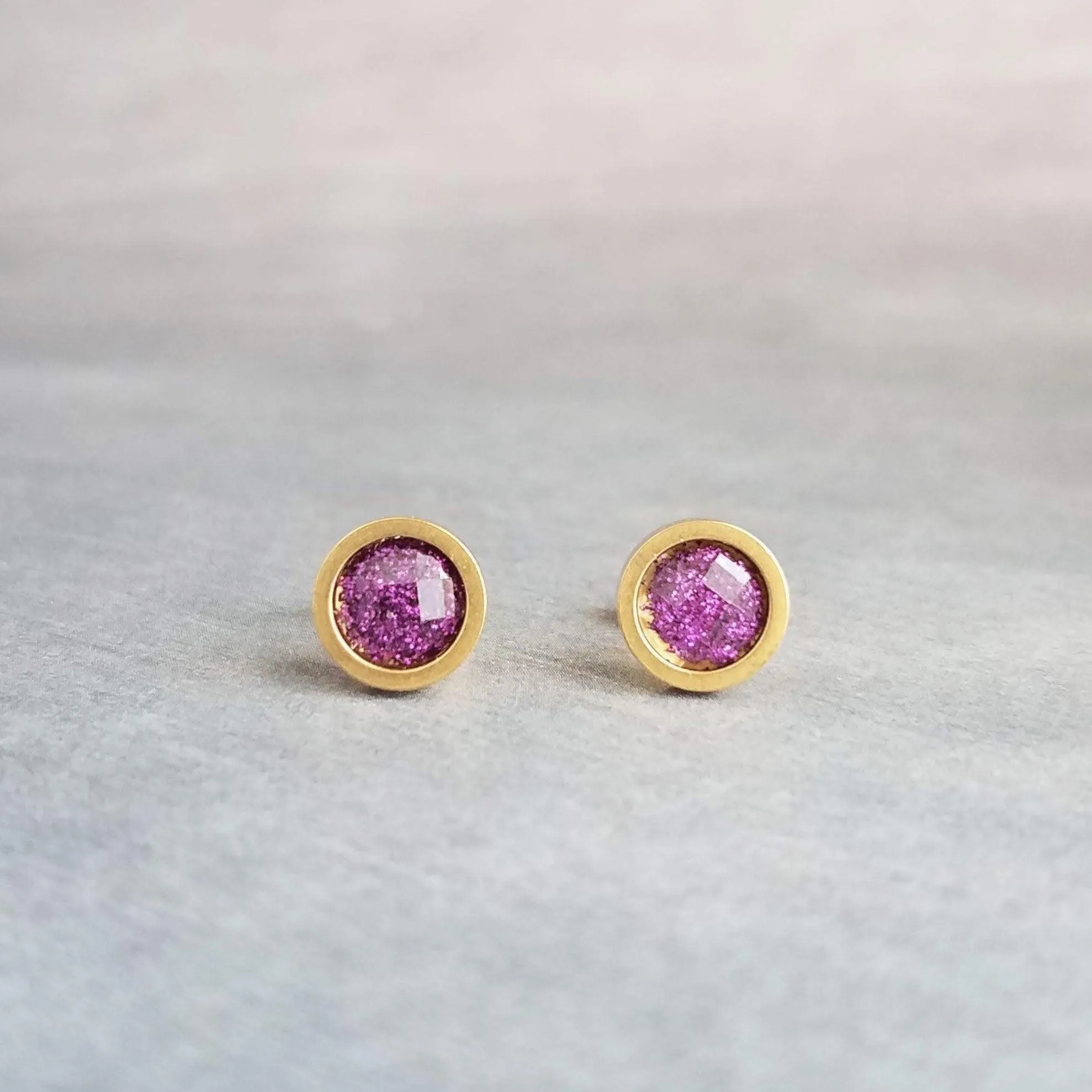 Purple Rose Gold Stud Earrings, purple fuchsia stud earring, purple earrings, little rose gold earring, purple stud, glitter stainless steel