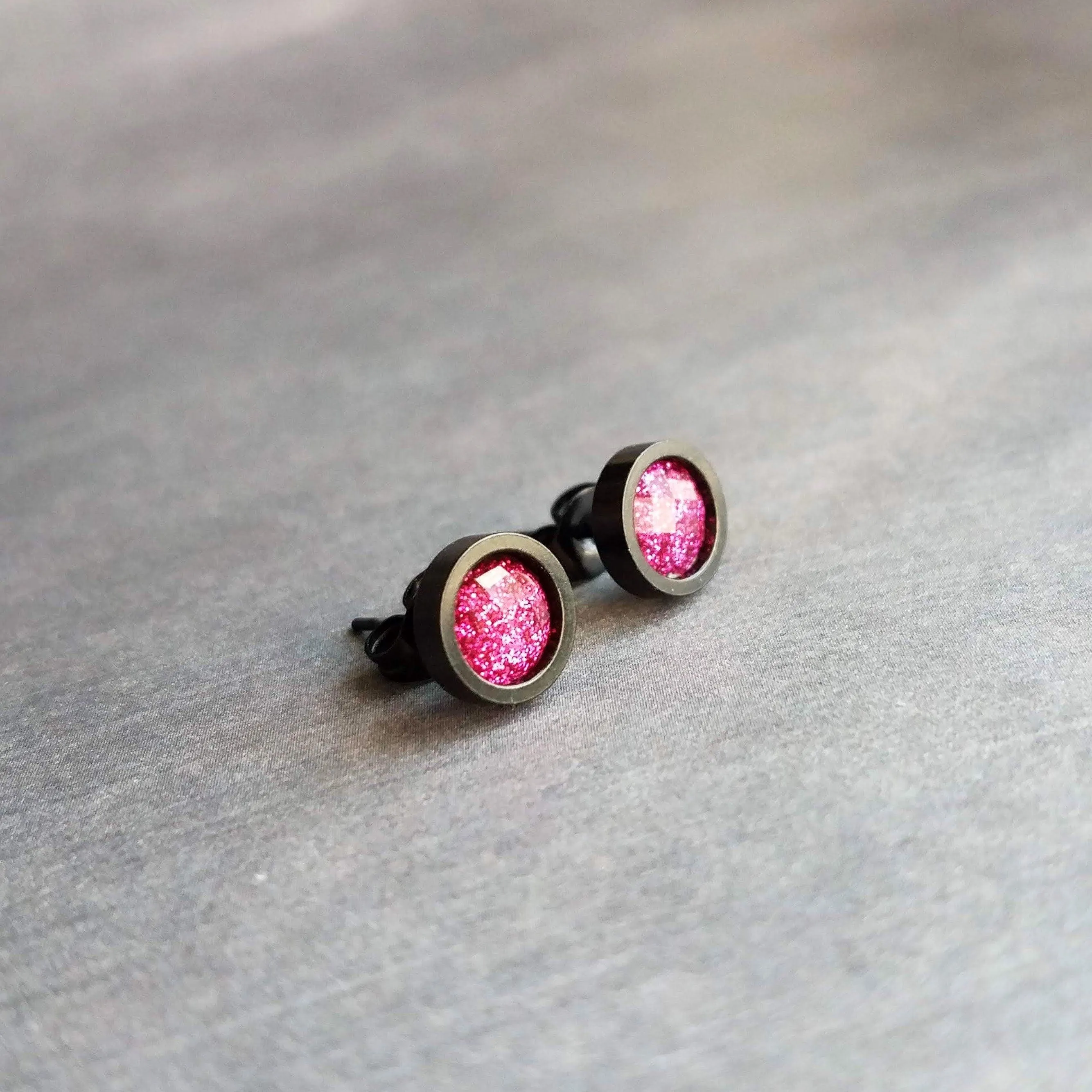 Purple Rose Gold Stud Earrings, purple fuchsia stud earring, purple earrings, little rose gold earring, purple stud, glitter stainless steel