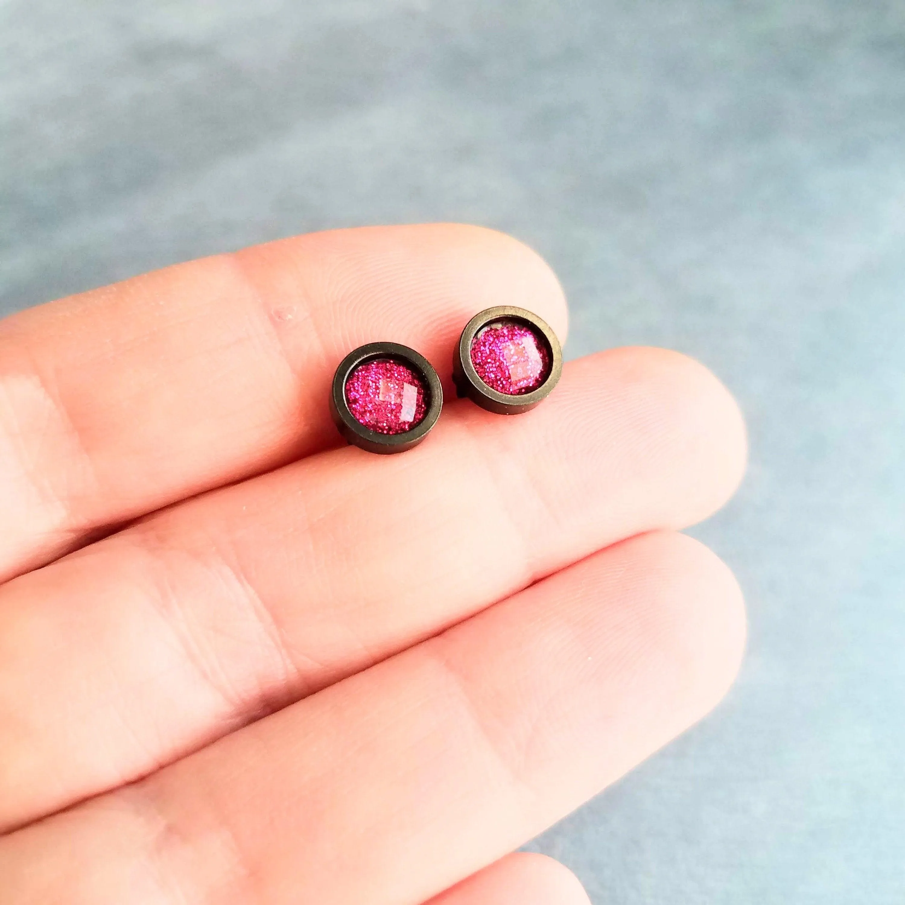 Purple Rose Gold Stud Earrings, purple fuchsia stud earring, purple earrings, little rose gold earring, purple stud, glitter stainless steel