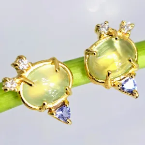 "2 Sugars" .5" Stud Earrings - Prehnite, Tanzanite, Zircon, 18K Gold Sterling