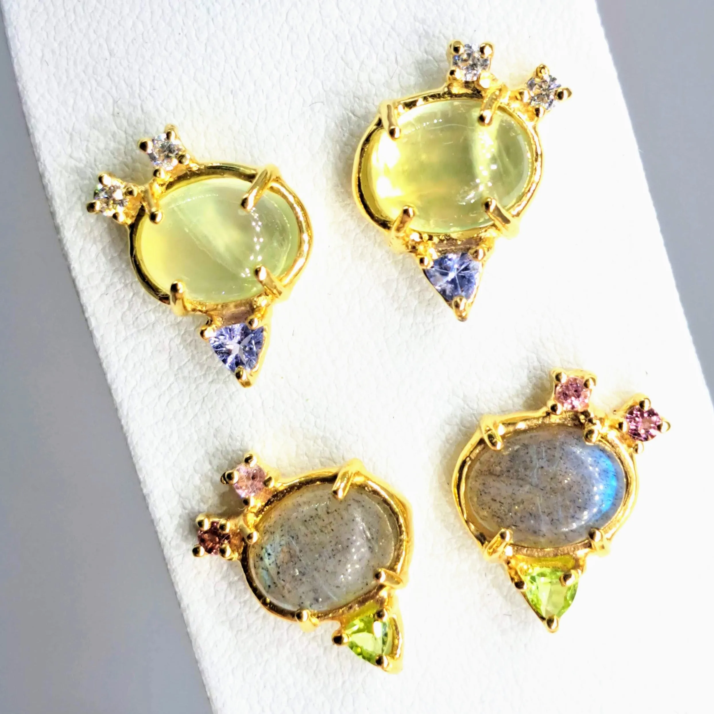 "2 Sugars" .5" Stud Earrings - Prehnite, Tanzanite, Zircon, 18K Gold Sterling
