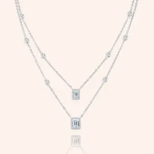 "Daily Double" 4.6CTW Emerald Cut Halo Pendants Duo Layering Necklace - Silver