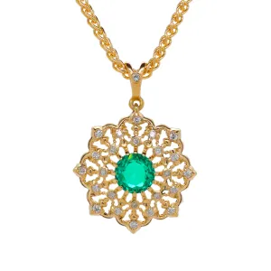 "Diamond Lace" Pendant with Emerald in 18K Yellow Gold