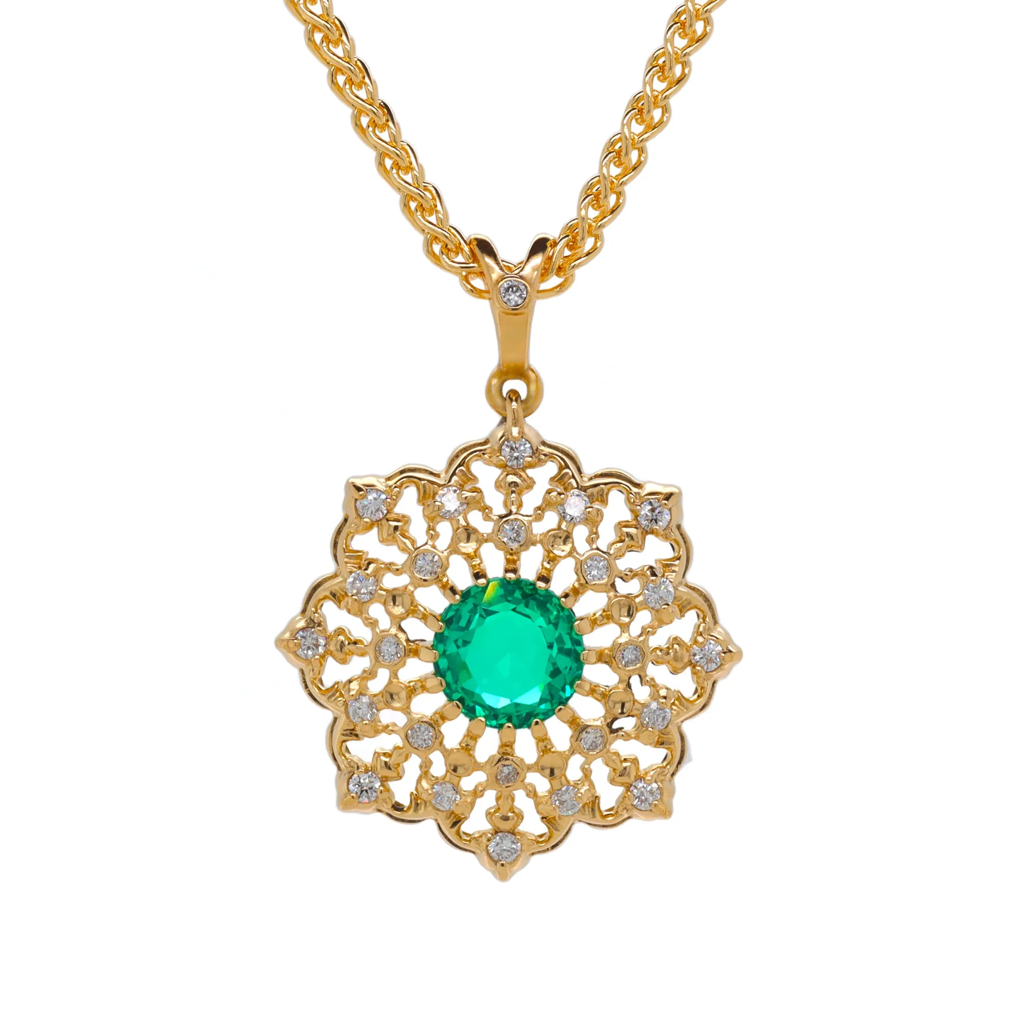 "Diamond Lace" Pendant with Emerald in 18K Yellow Gold