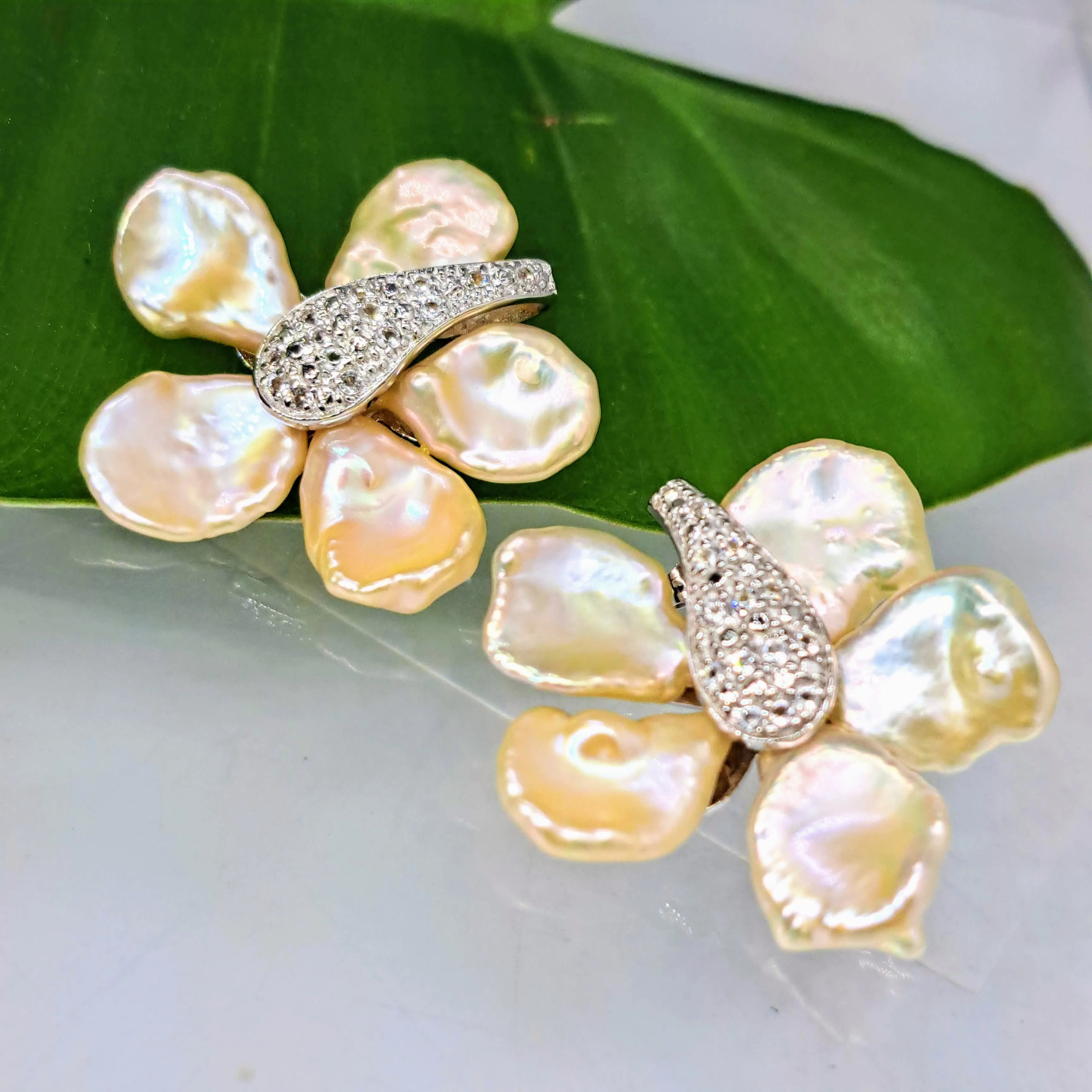 "Mind Bloom" 1.5" Earrings - Petal Pearls, White Topaz, Sterling (Anti-tarnish treated)