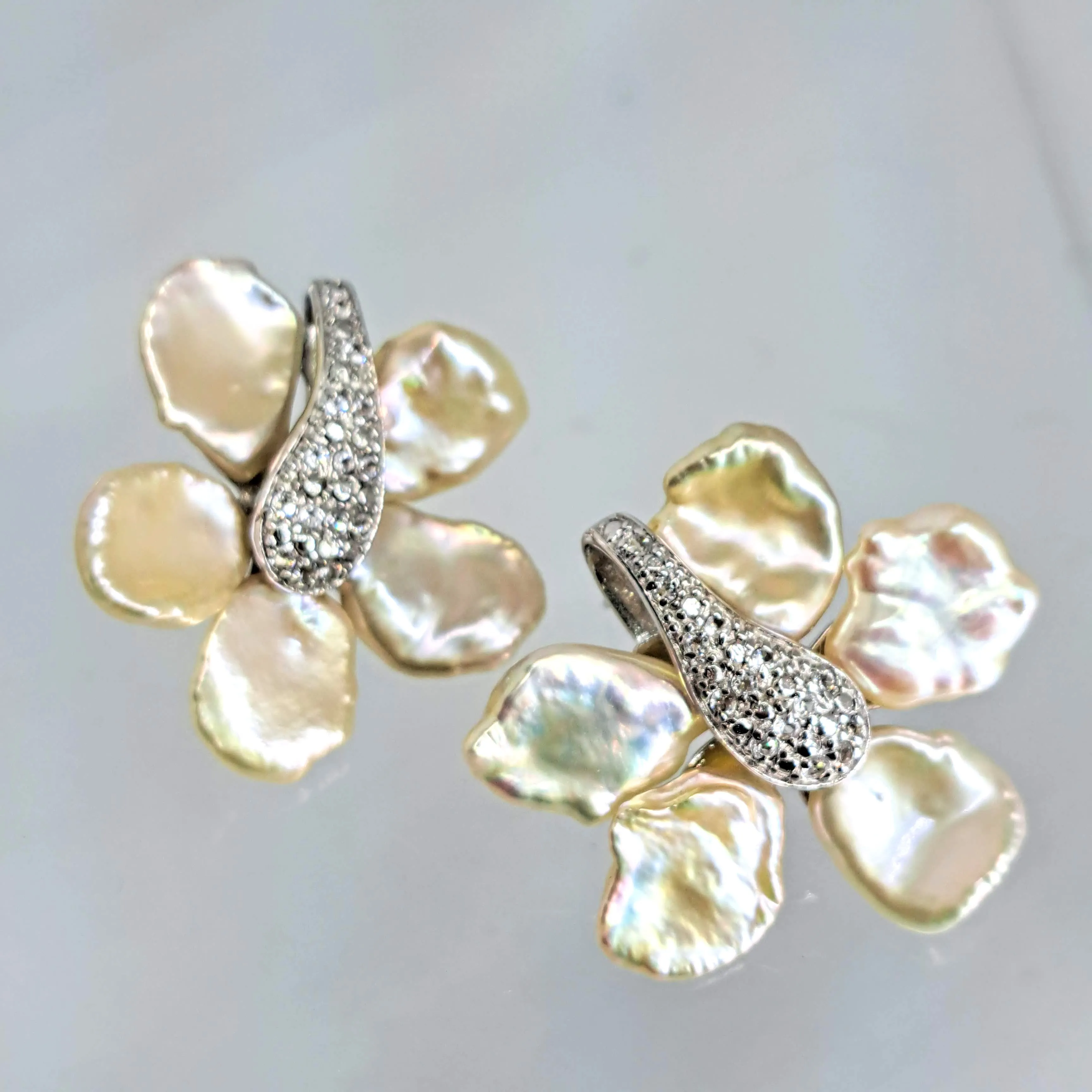 "Mind Bloom" 1.5" Earrings - Petal Pearls, White Topaz, Sterling (Anti-tarnish treated)
