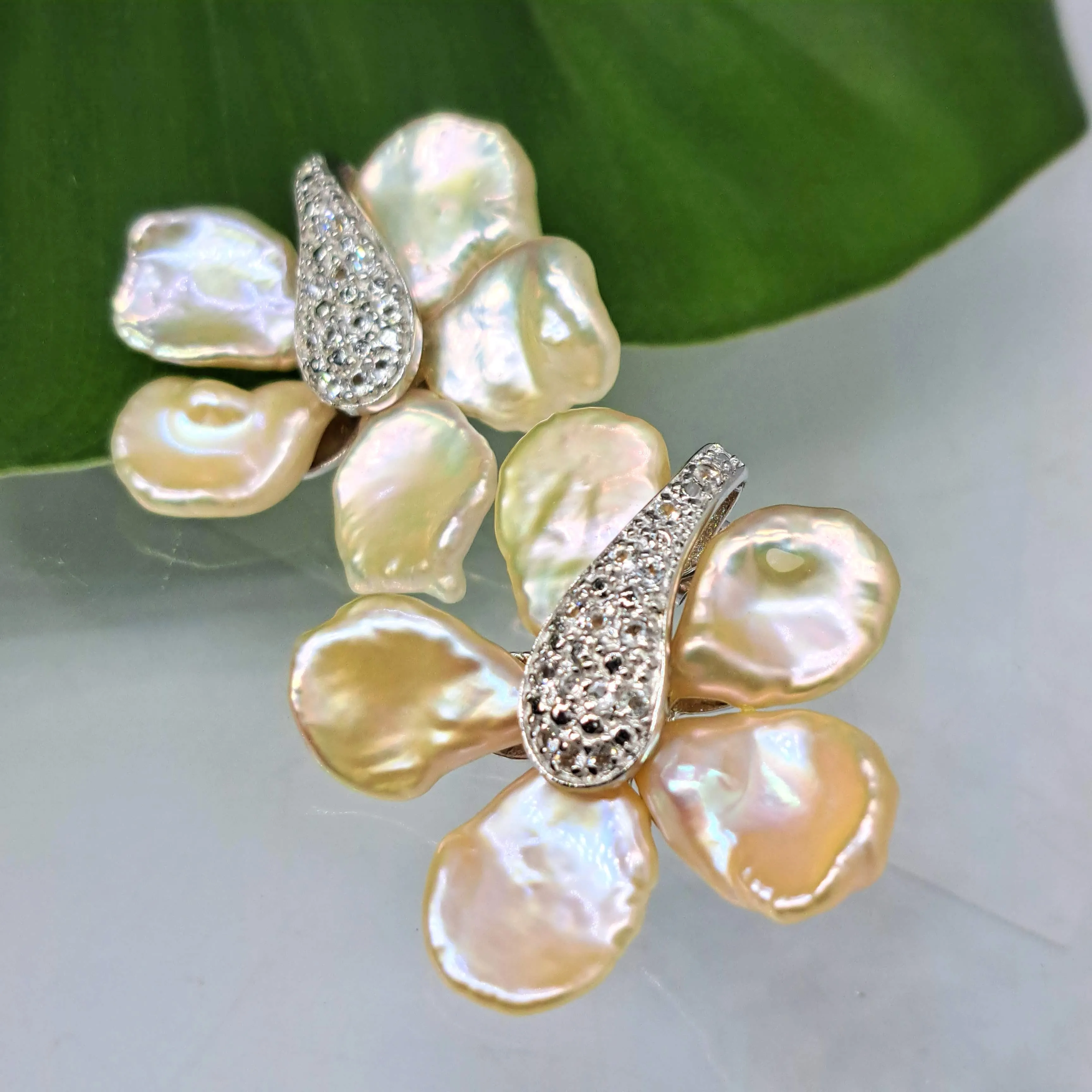 "Mind Bloom" 1.5" Earrings - Petal Pearls, White Topaz, Sterling (Anti-tarnish treated)