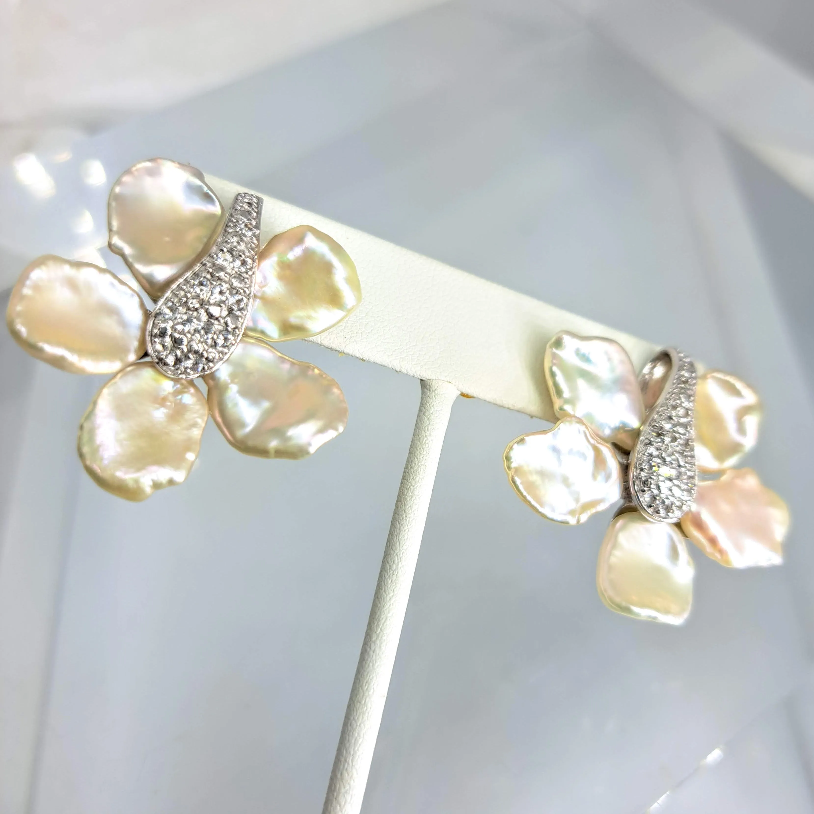 "Mind Bloom" 1.5" Earrings - Petal Pearls, White Topaz, Sterling (Anti-tarnish treated)