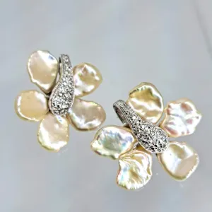 "Mind Bloom" 1.5" Earrings - Petal Pearls, White Topaz, Sterling (Anti-tarnish treated)
