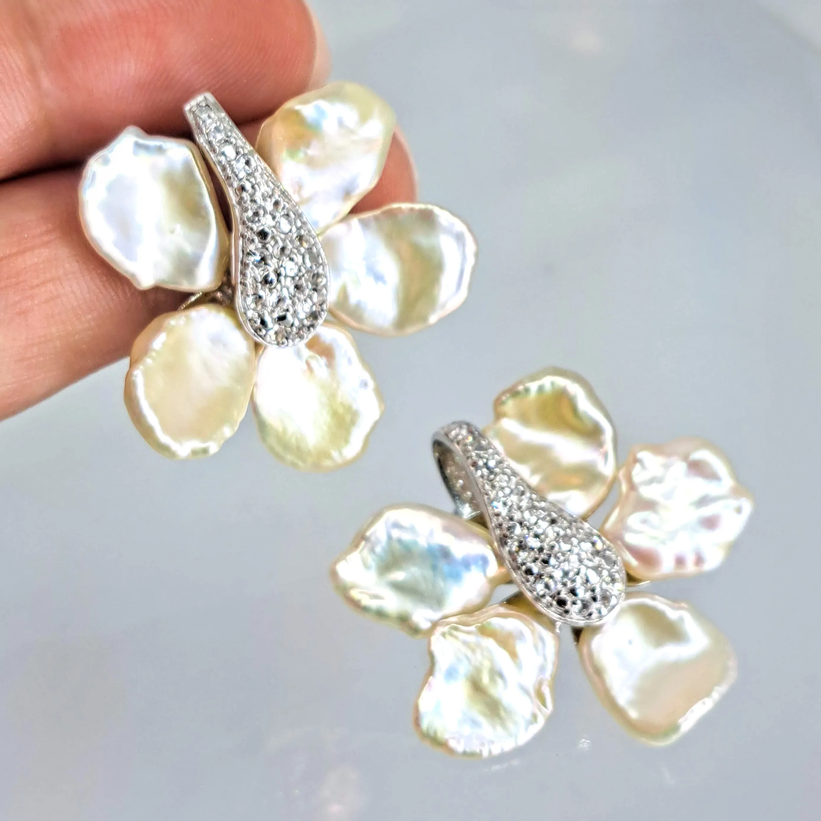 "Mind Bloom" 1.5" Earrings - Petal Pearls, White Topaz, Sterling (Anti-tarnish treated)