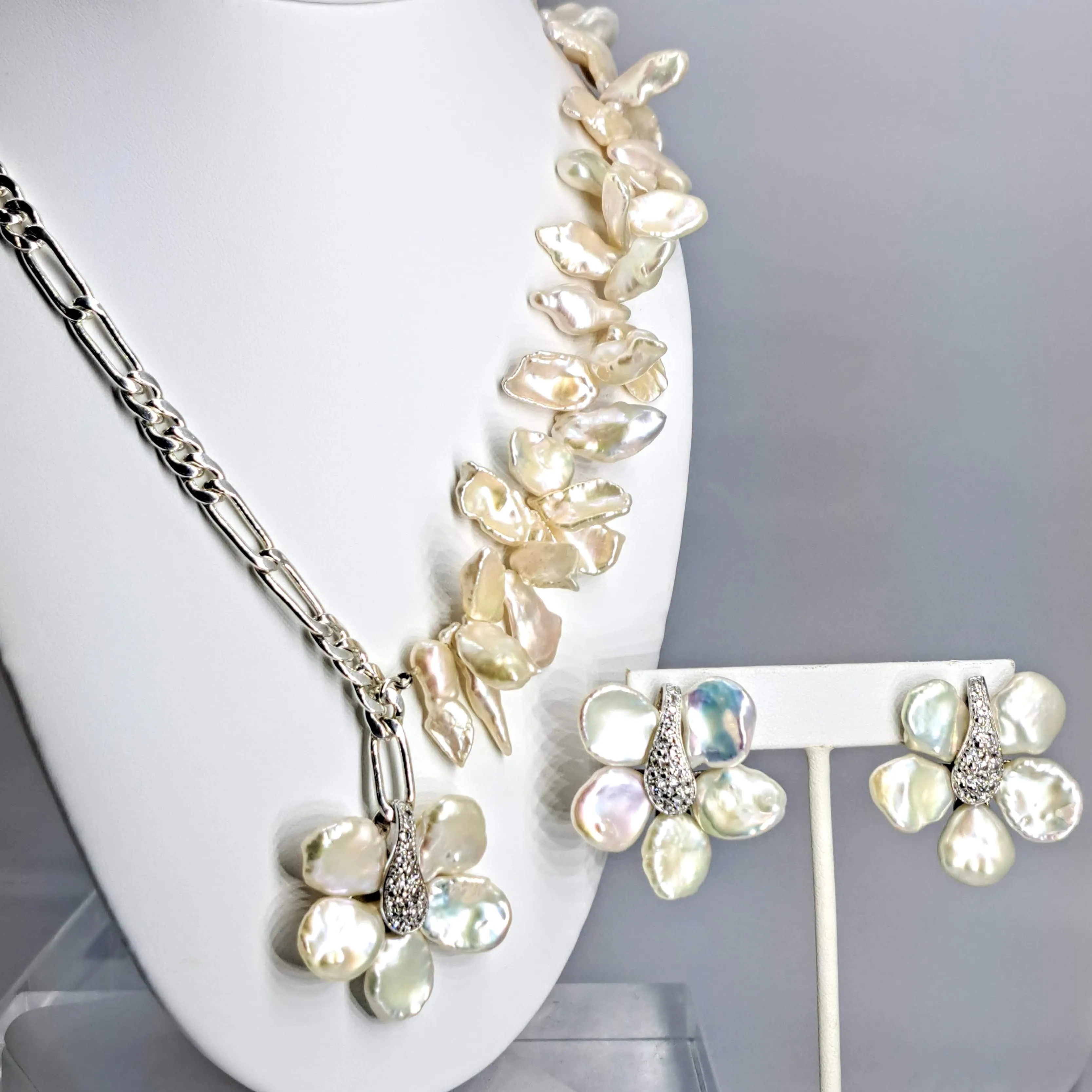 "Mind Bloom" 1.5" Earrings - Petal Pearls, White Topaz, Sterling (Anti-tarnish treated)