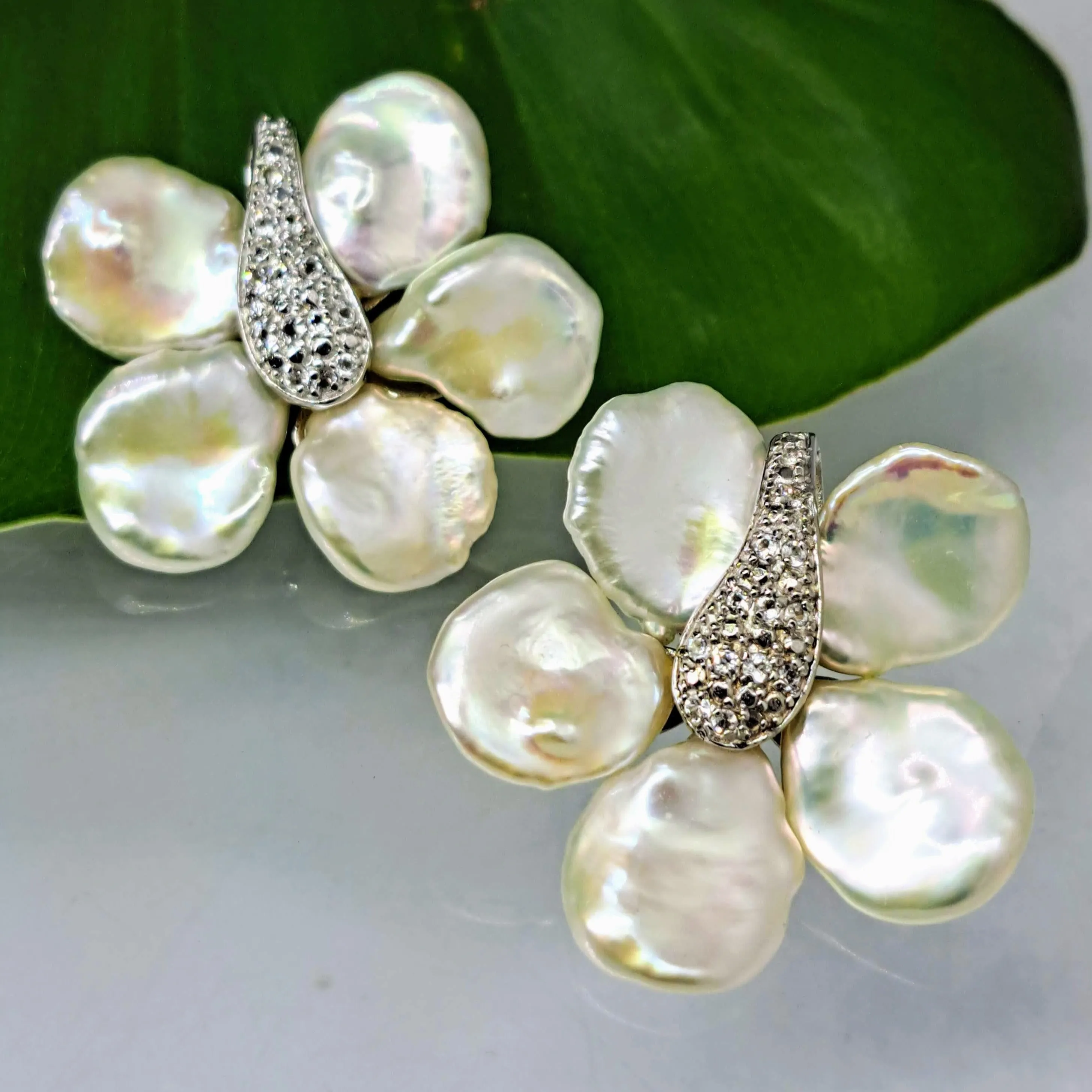 "Mind Bloom" 1.5" Earrings - Petal Pearls, White Topaz, Sterling (Anti-tarnish treated)