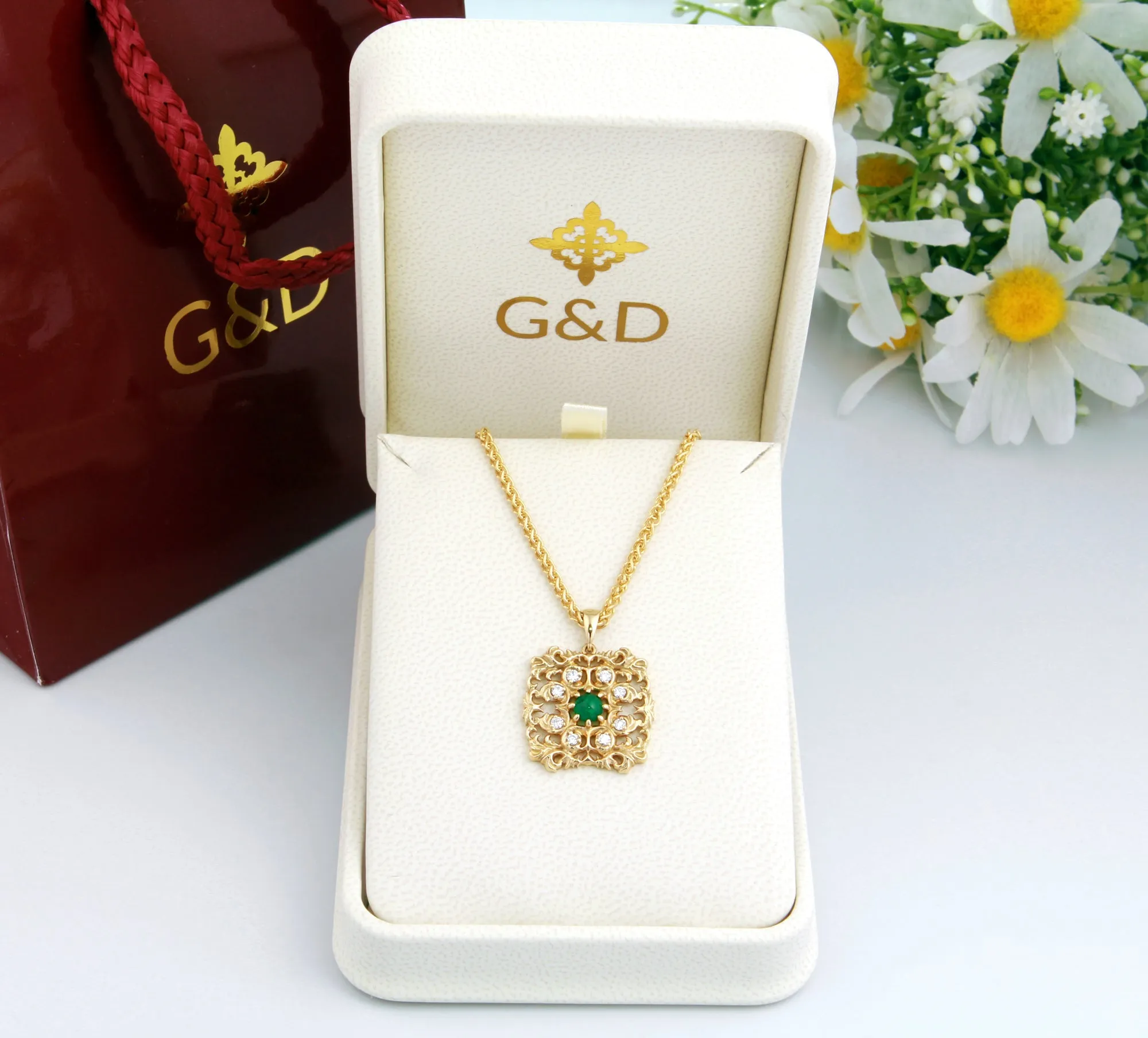"Ornamental" Pendant with Emerald and Diamonds